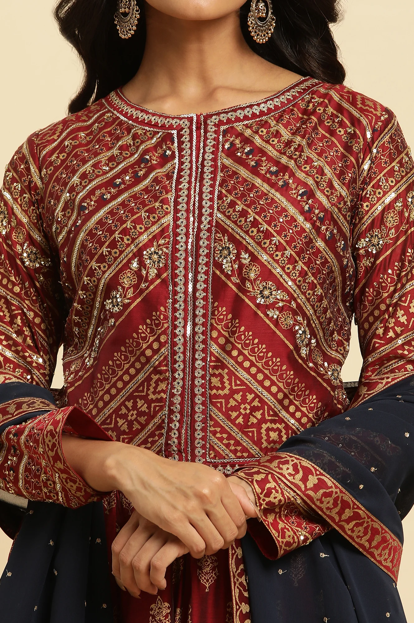 Maroon Printed Chanderi Anarkali Dress and Dupatta Set - Image 6