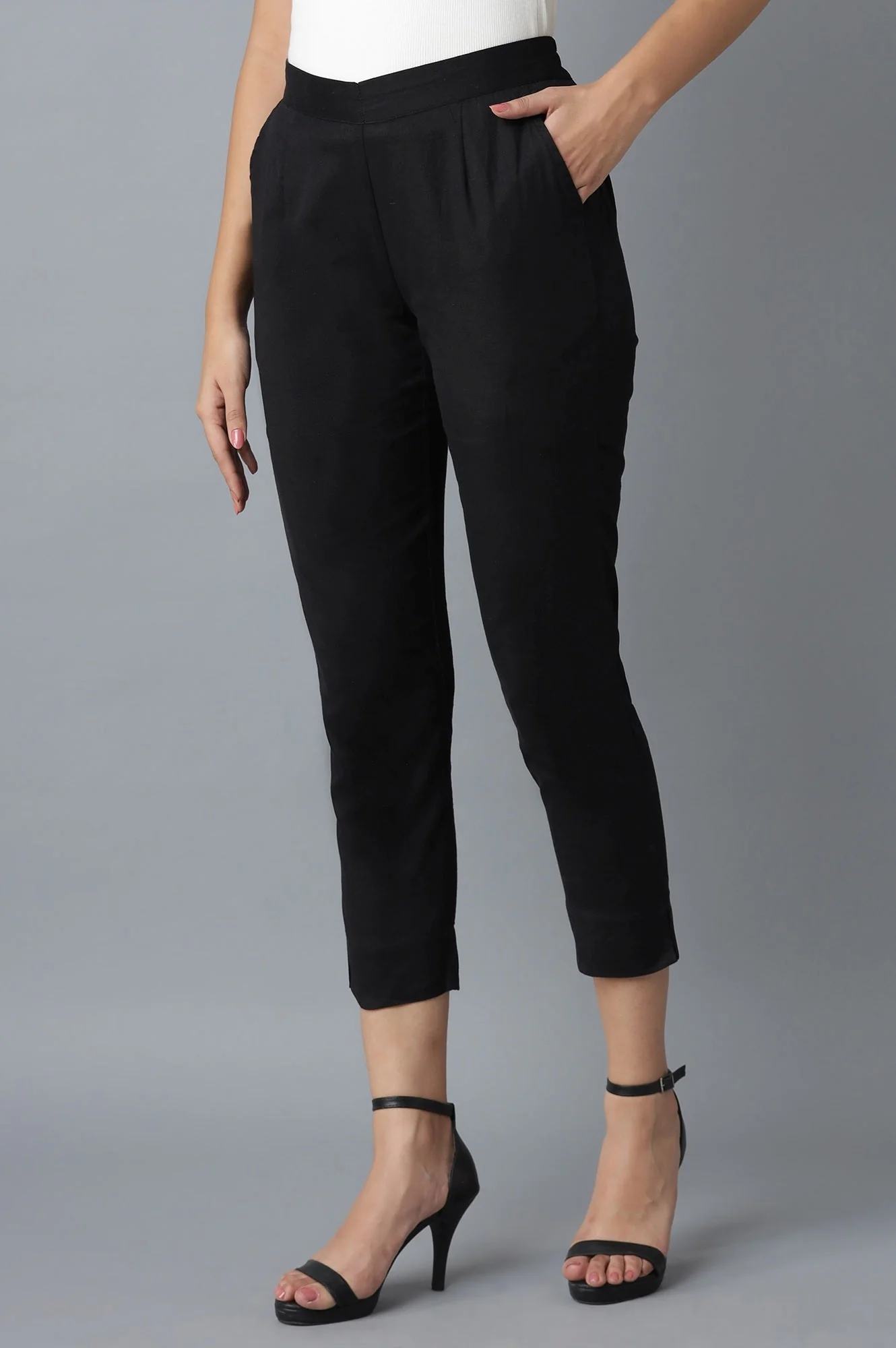 Black Solid Straight Fit Cotton Trousers With Elasticated Waistband - Image 3