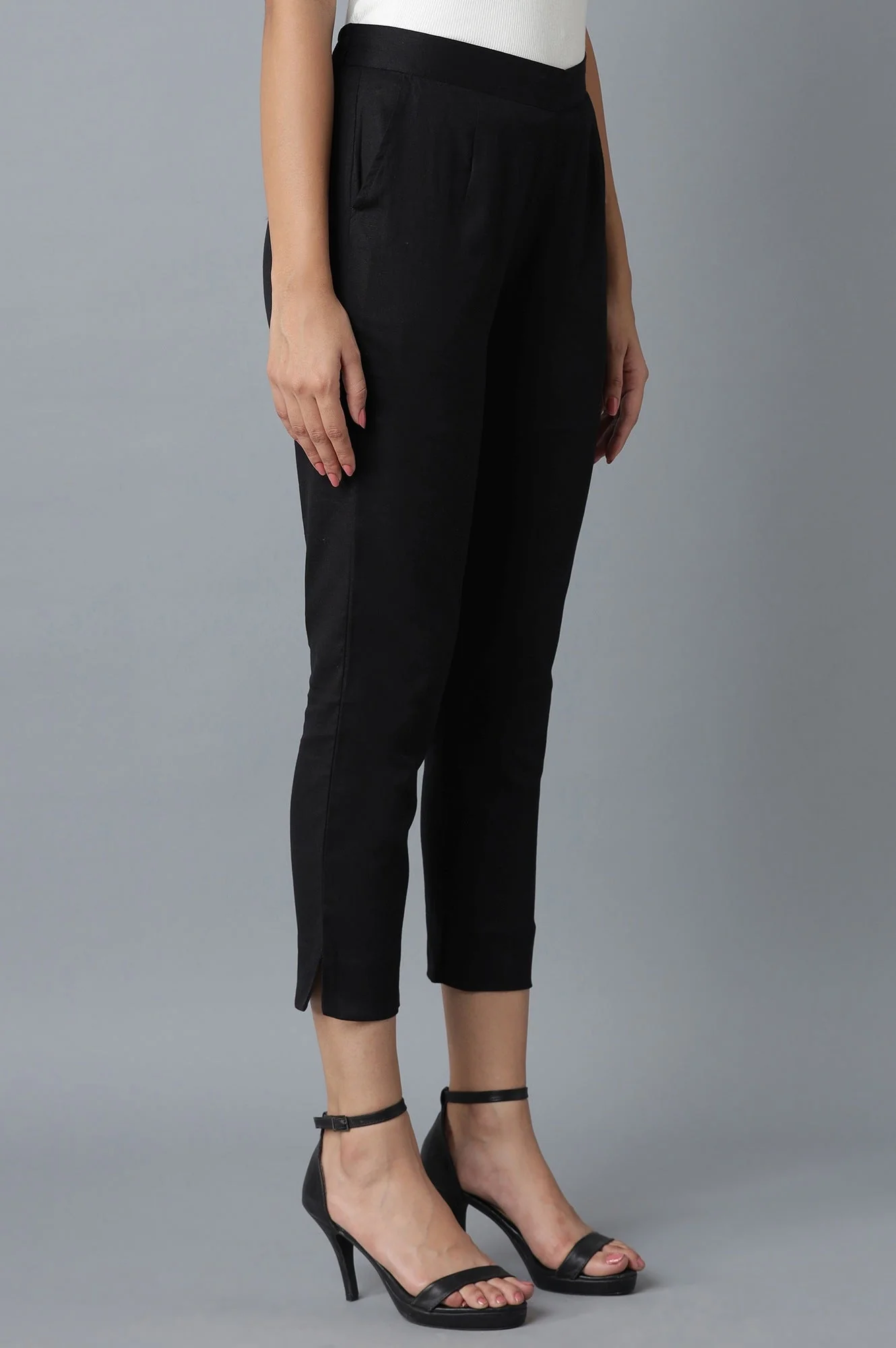 Black Solid Straight Fit Cotton Trousers With Elasticated Waistband - Image 4
