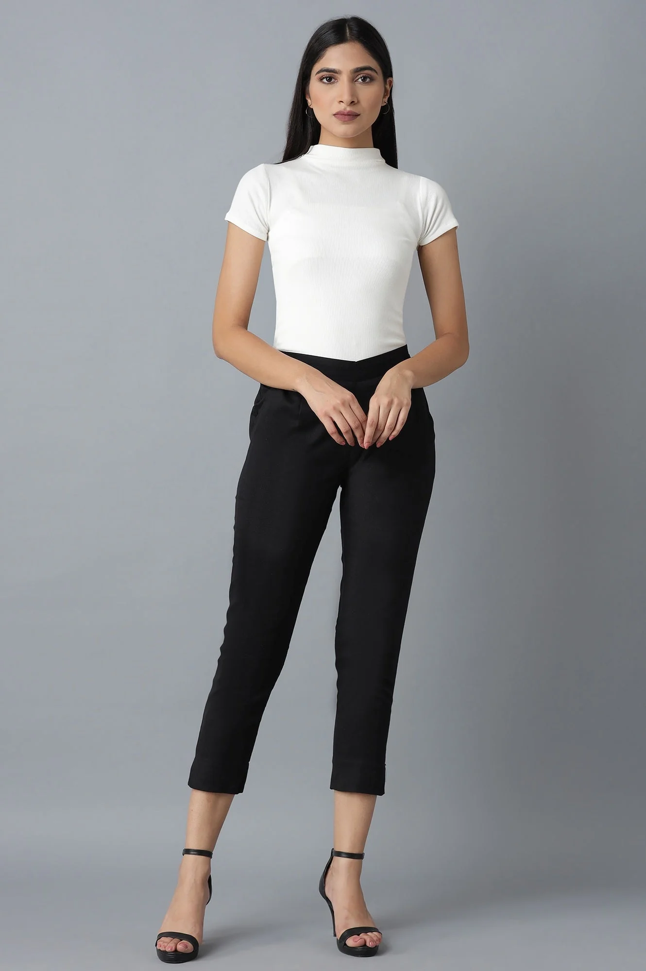 Black Solid Straight Fit Cotton Trousers With Elasticated Waistband - Image 5