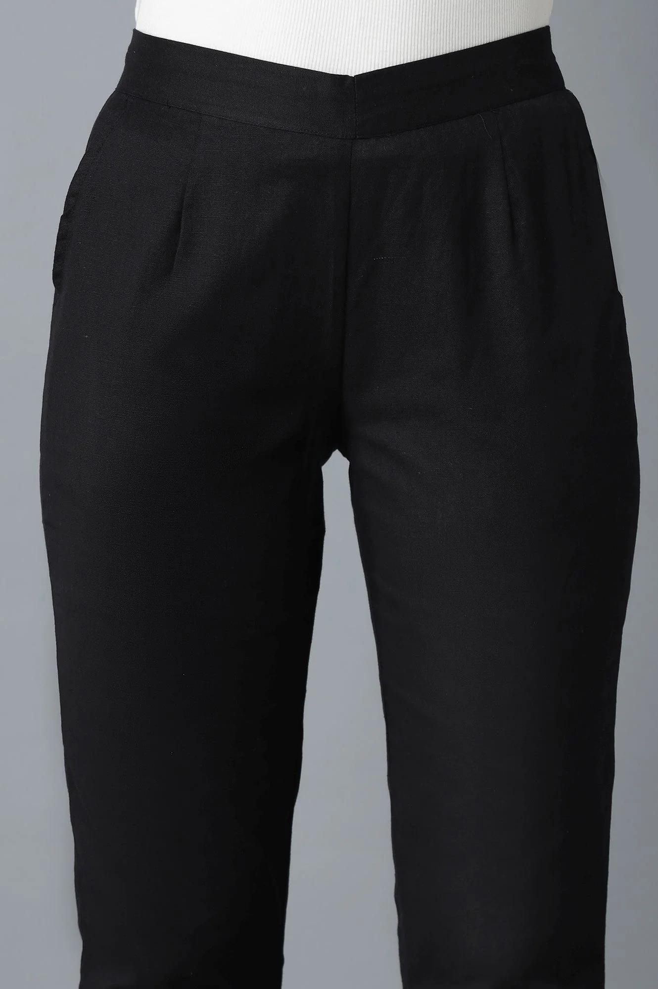 Black Solid Straight Fit Cotton Trousers With Elasticated Waistband - Image 6