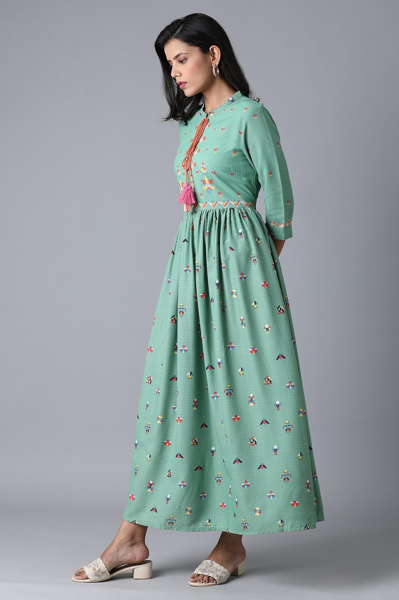 Teal Blue Multicoloured Print Dress - Image 3