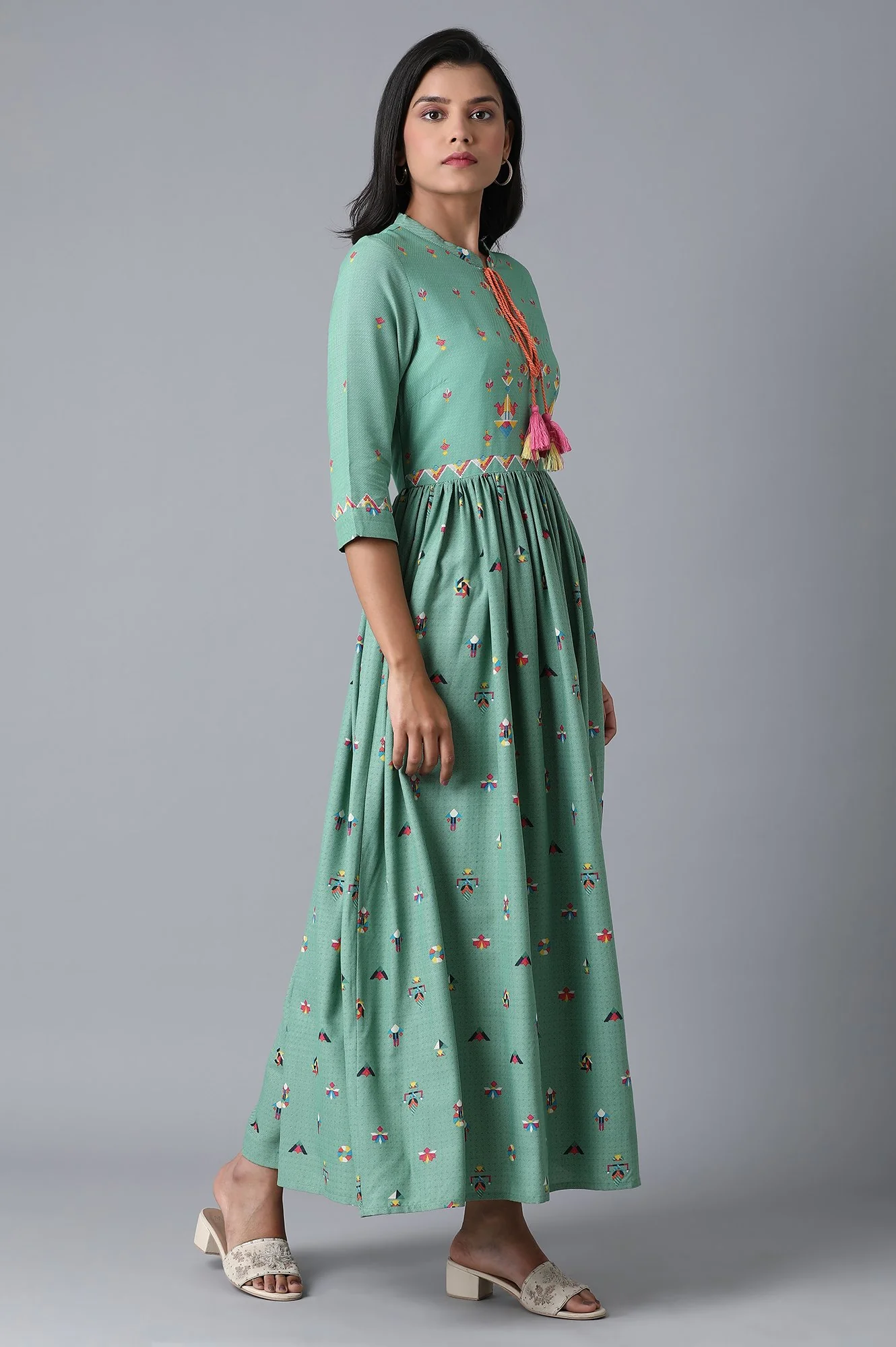 Teal Blue Multicoloured Print Dress - Image 4