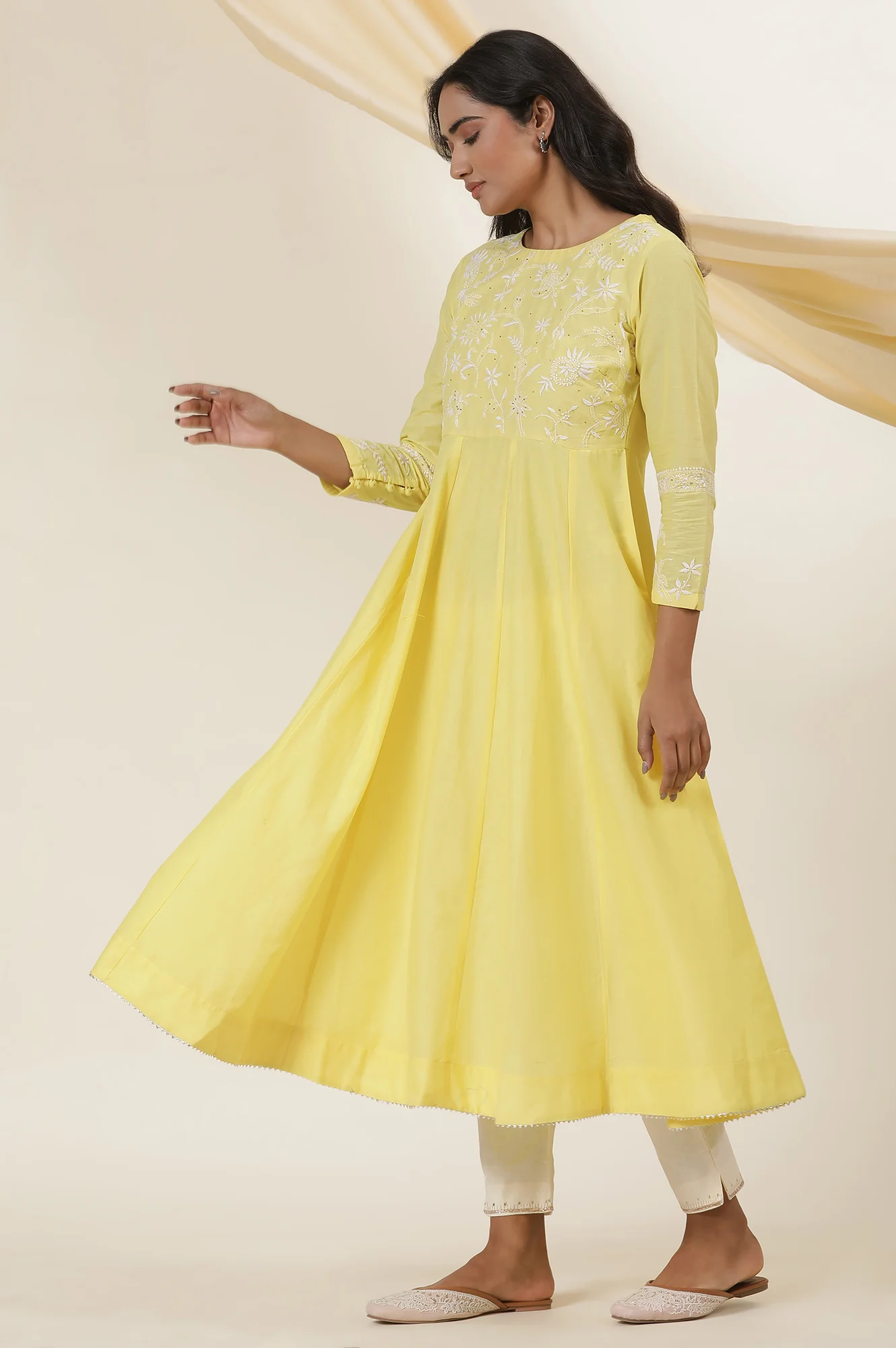 Yellow Chikankari Anarkali Kurta In Cotton Voile - Image 3