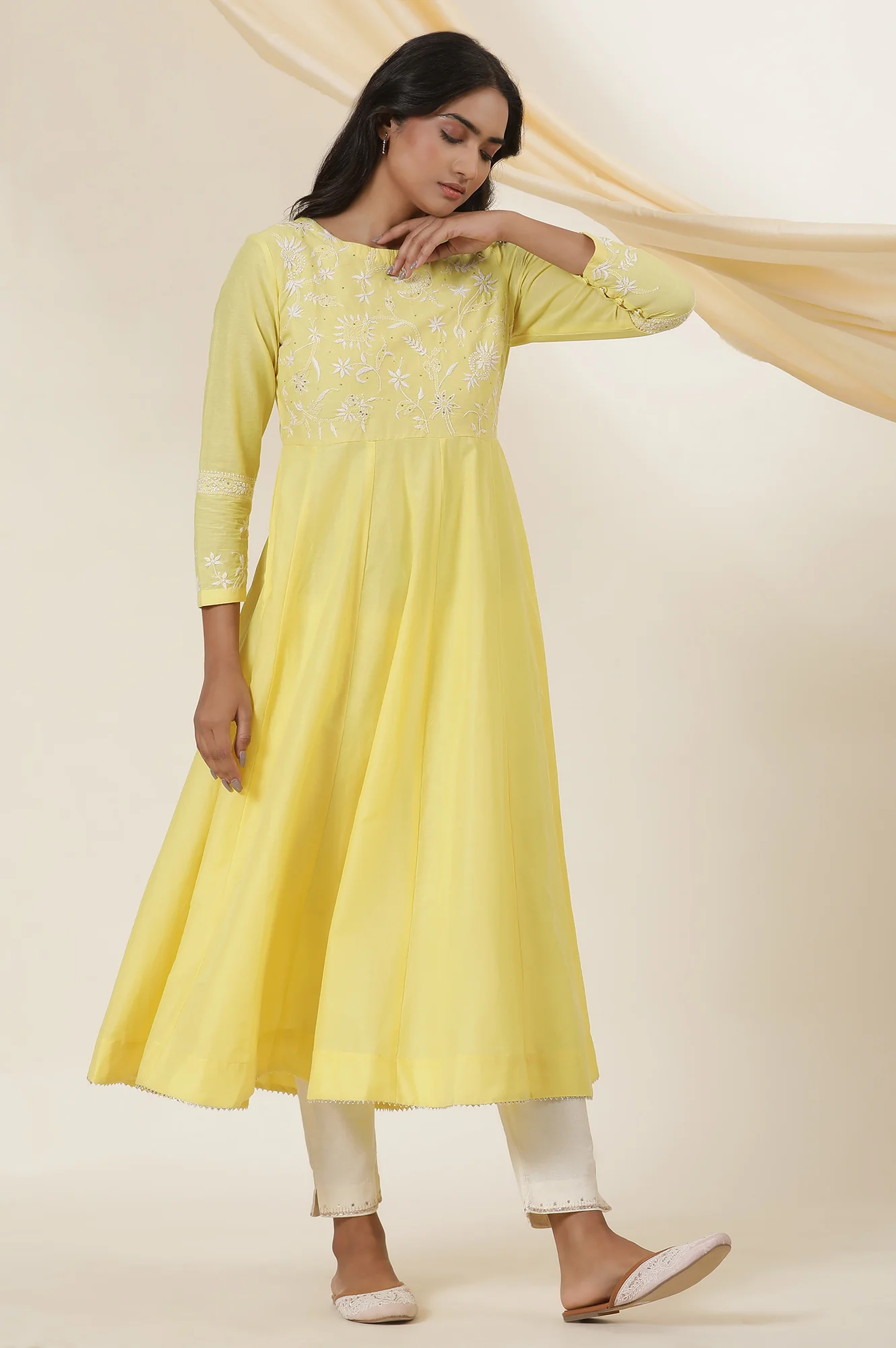 Yellow Chikankari Anarkali Kurta In Cotton Voile - Image 5