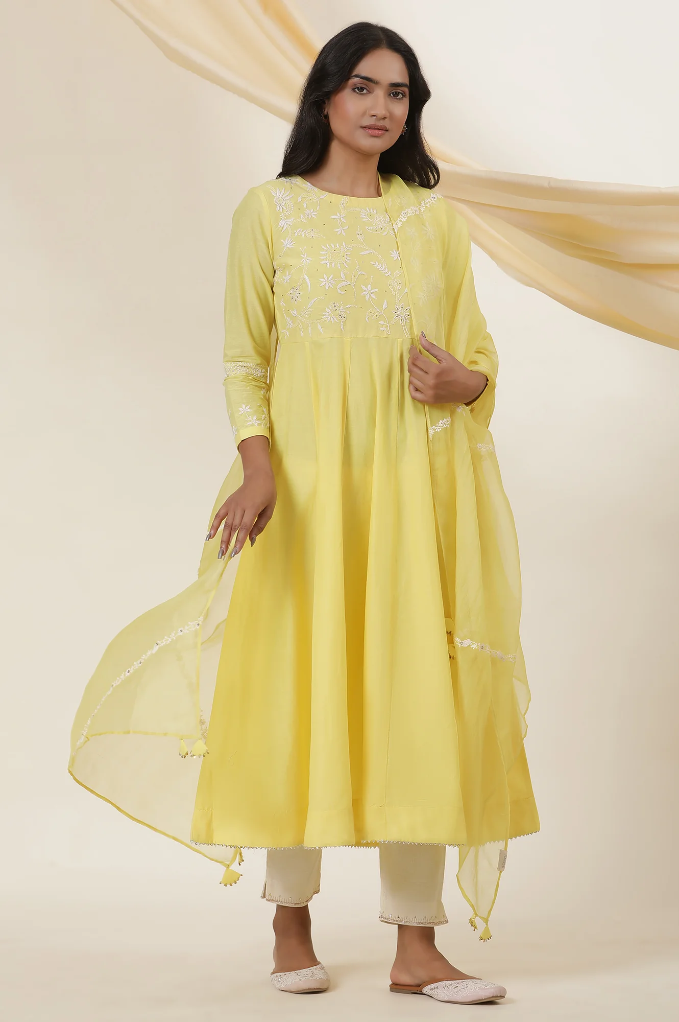 Yellow Chikankari Anarkali Kurta In Cotton Voile - Image 6
