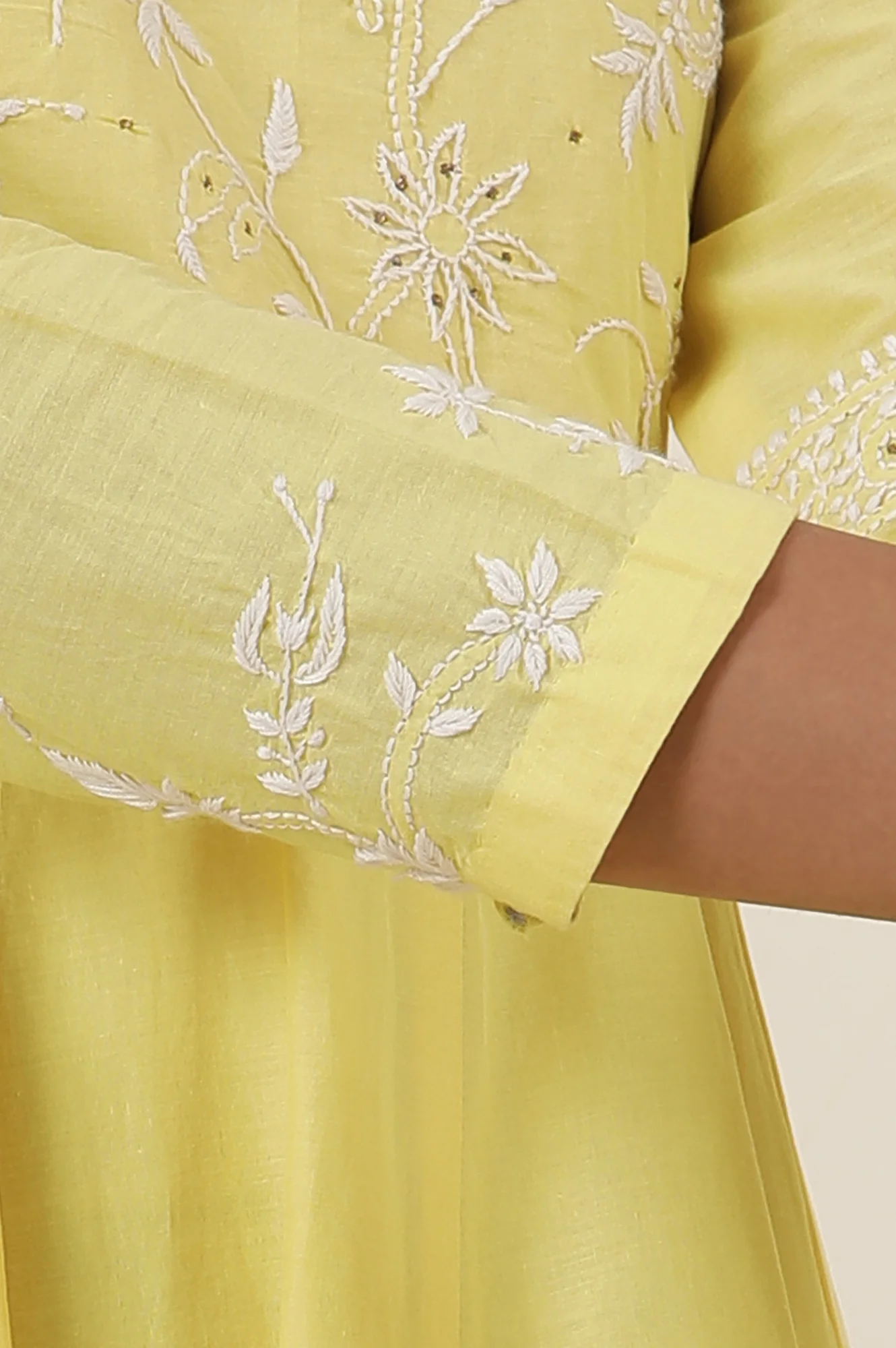 Yellow Chikankari Anarkali Kurta In Cotton Voile - Image 8