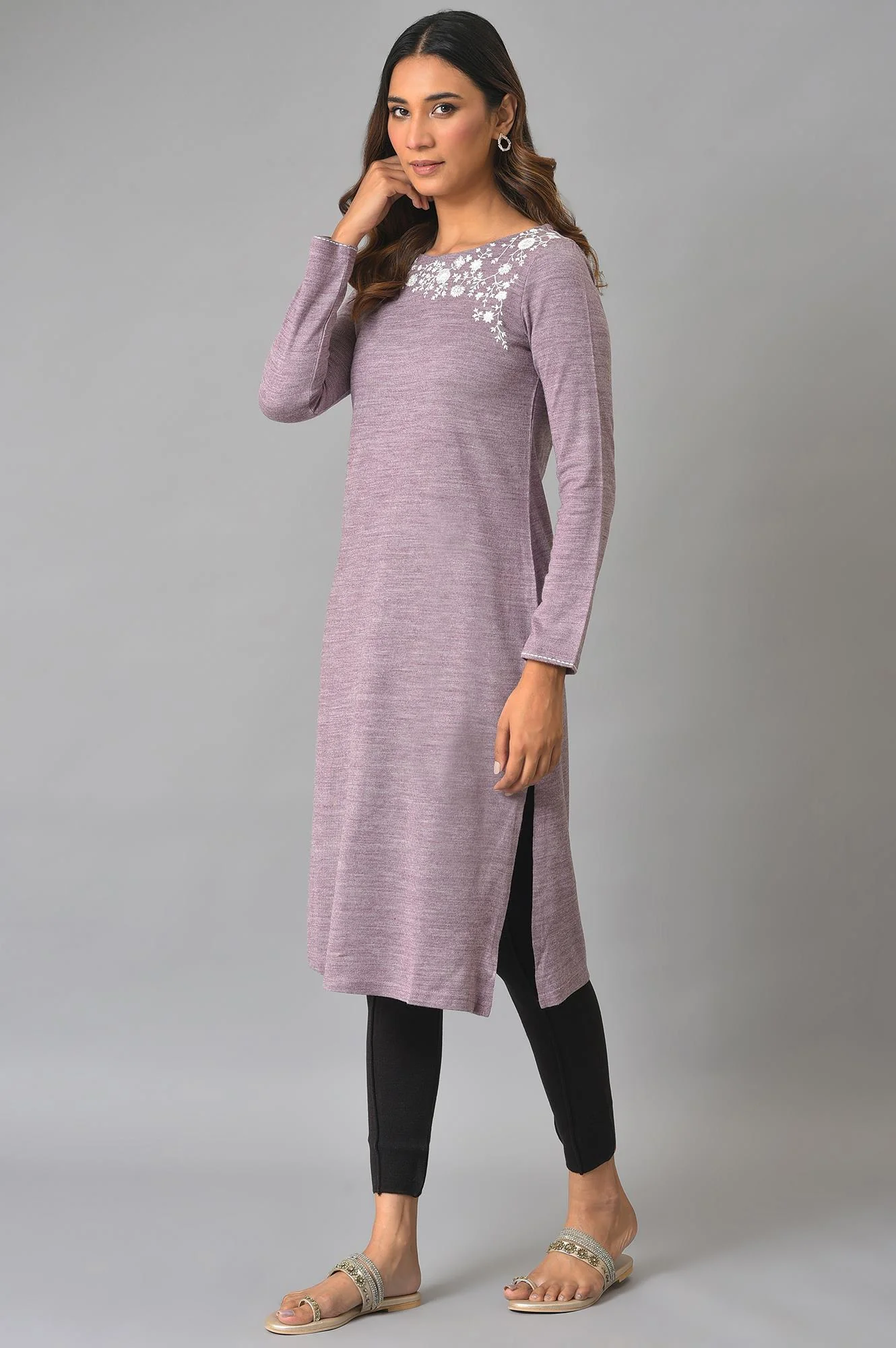 Purple Embroidered Asymmetrical Winter kurta - Image 3