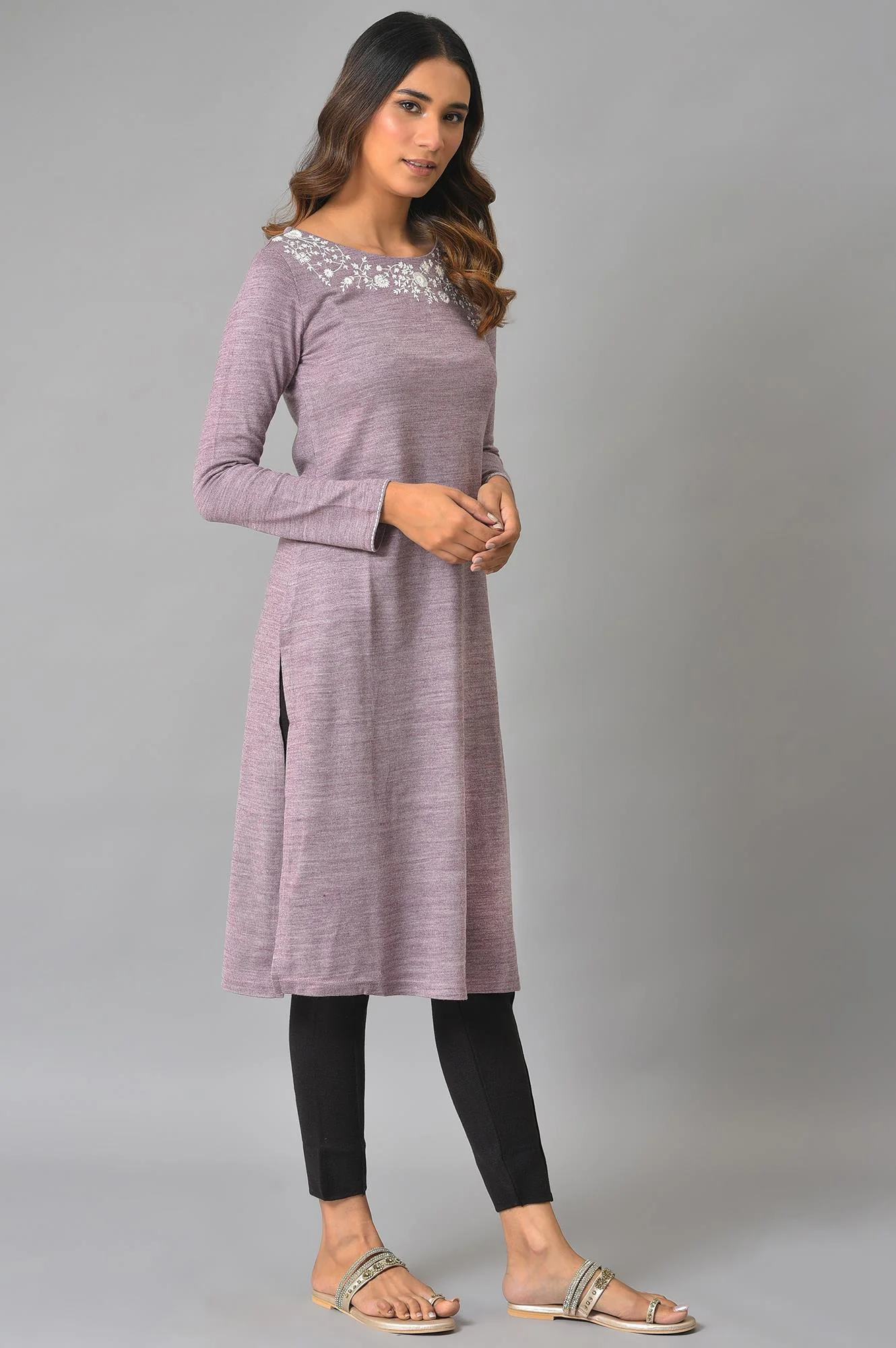 Purple Embroidered Asymmetrical Winter kurta - Image 4