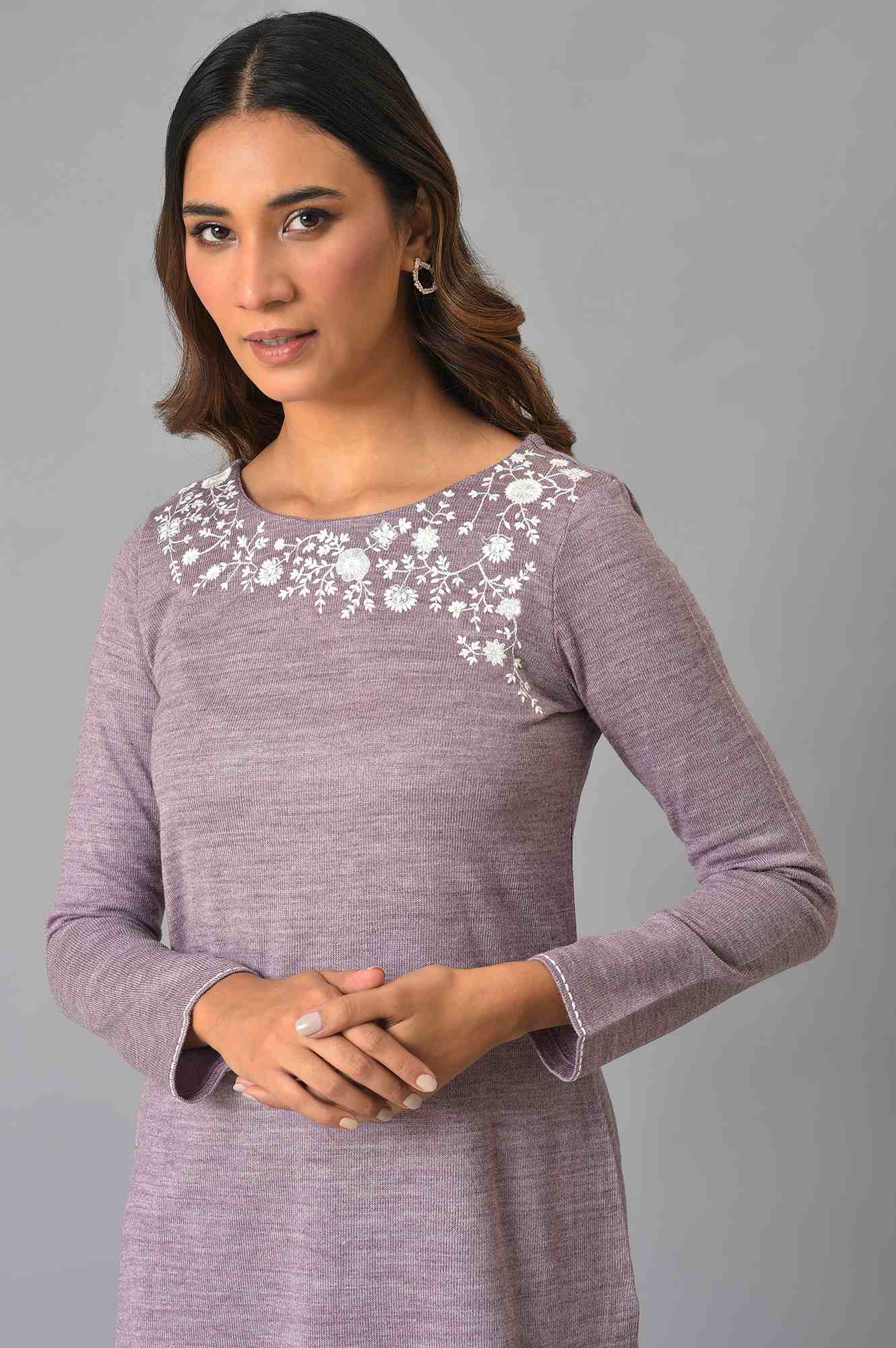 Purple Embroidered Asymmetrical Winter kurta - Image 5