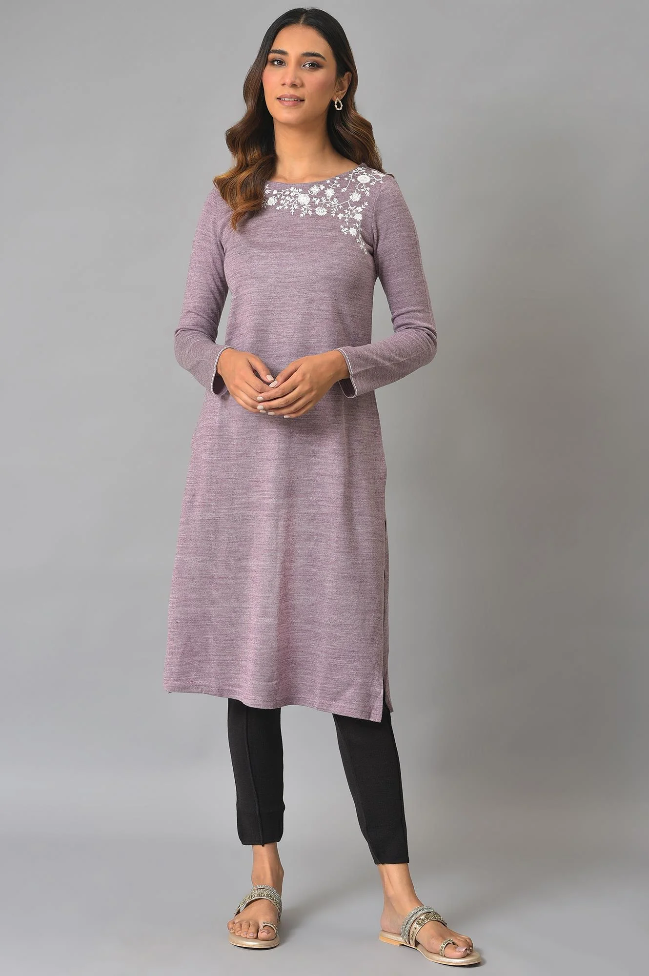 Purple Embroidered Asymmetrical Winter kurta - Image 6