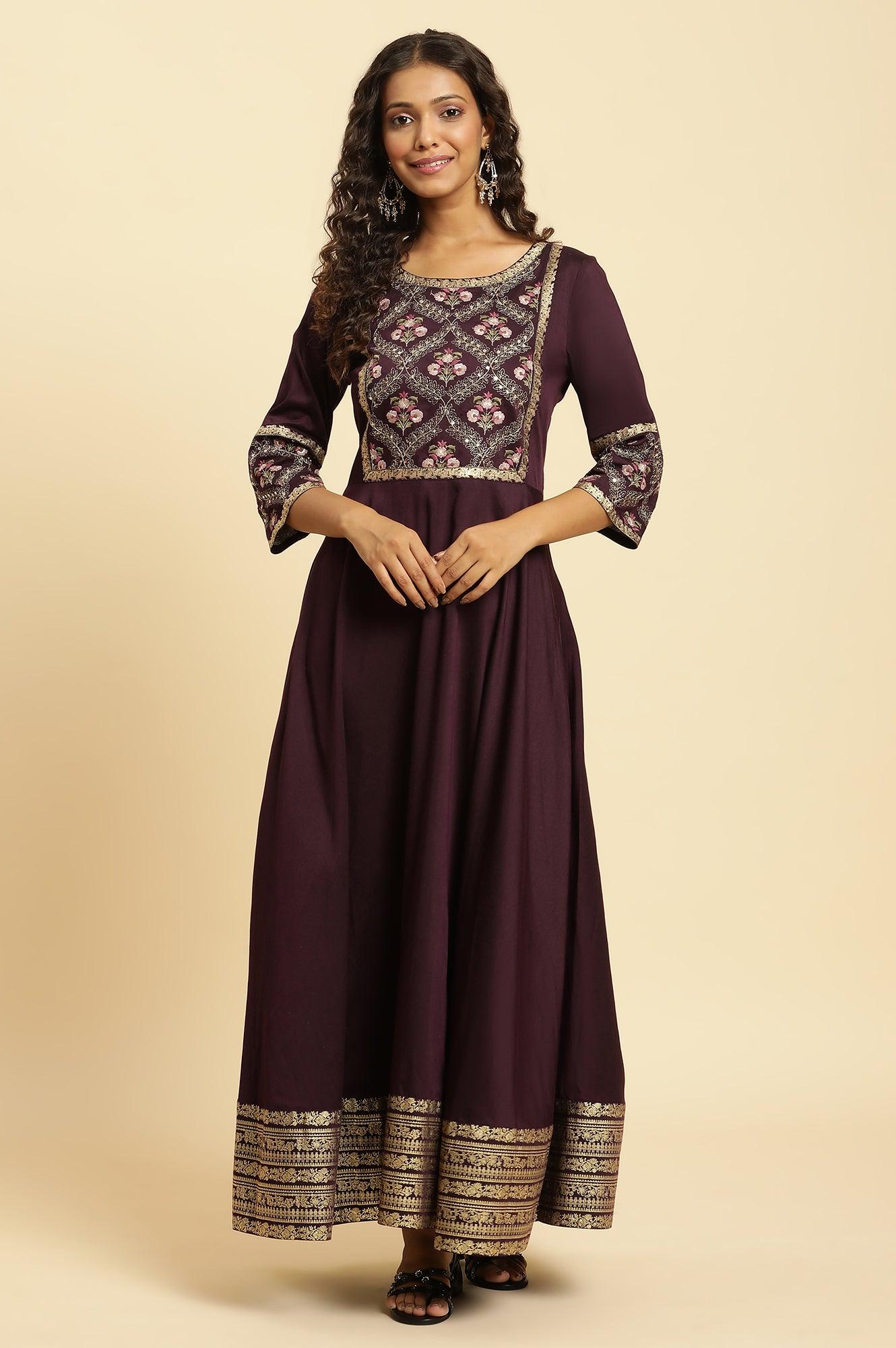 Purple Embroidered Festive Panelled Dress - Image 3
