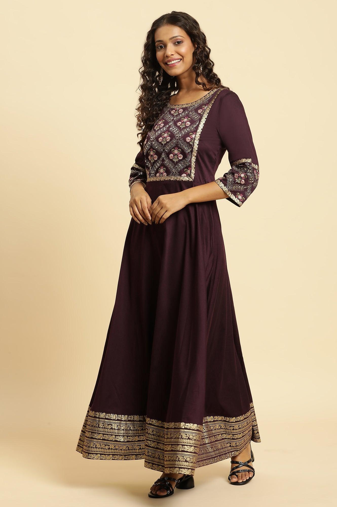 Purple Embroidered Festive Panelled Dress - Image 4