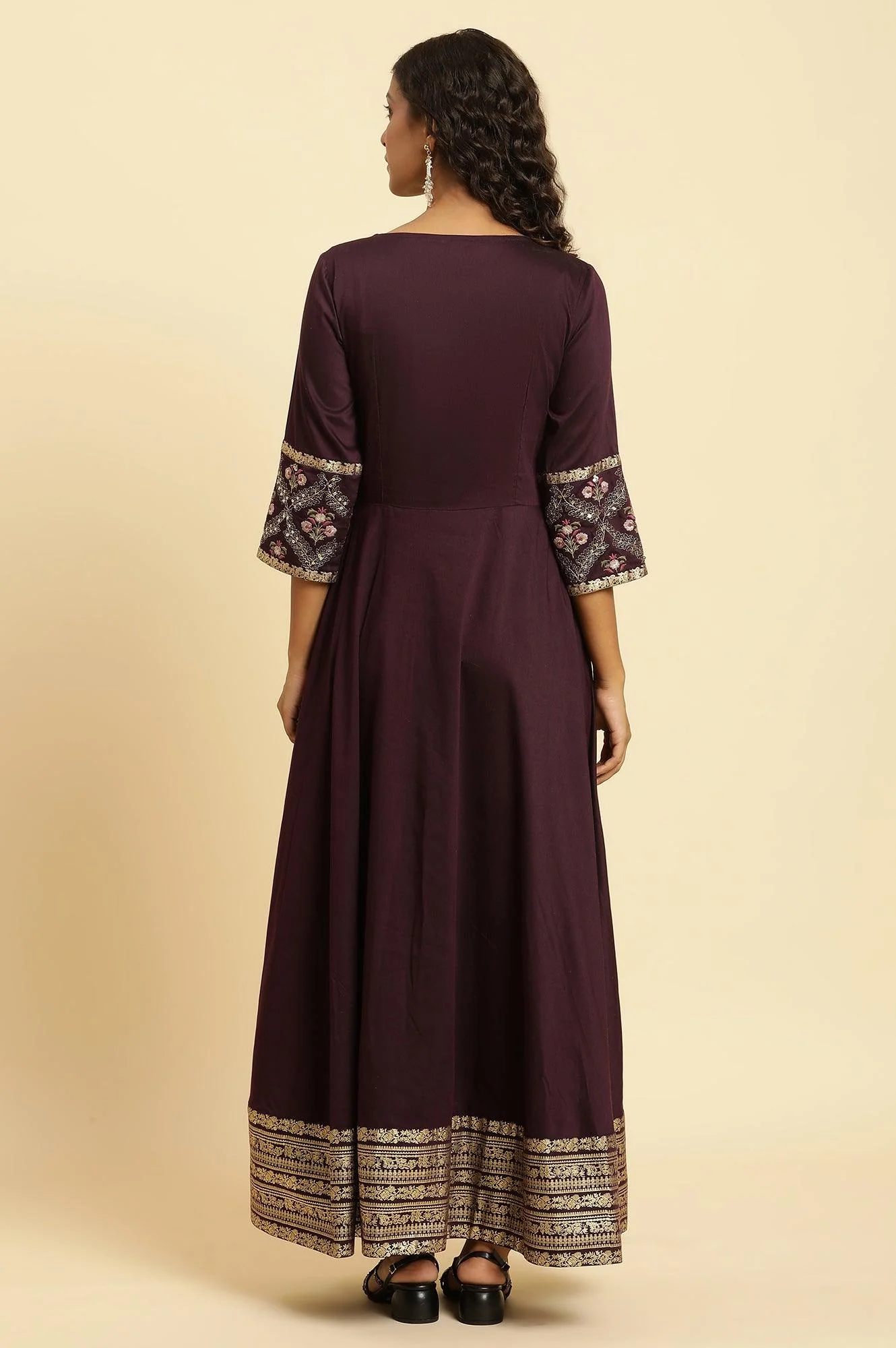 Purple Embroidered Festive Panelled Dress - Image 5
