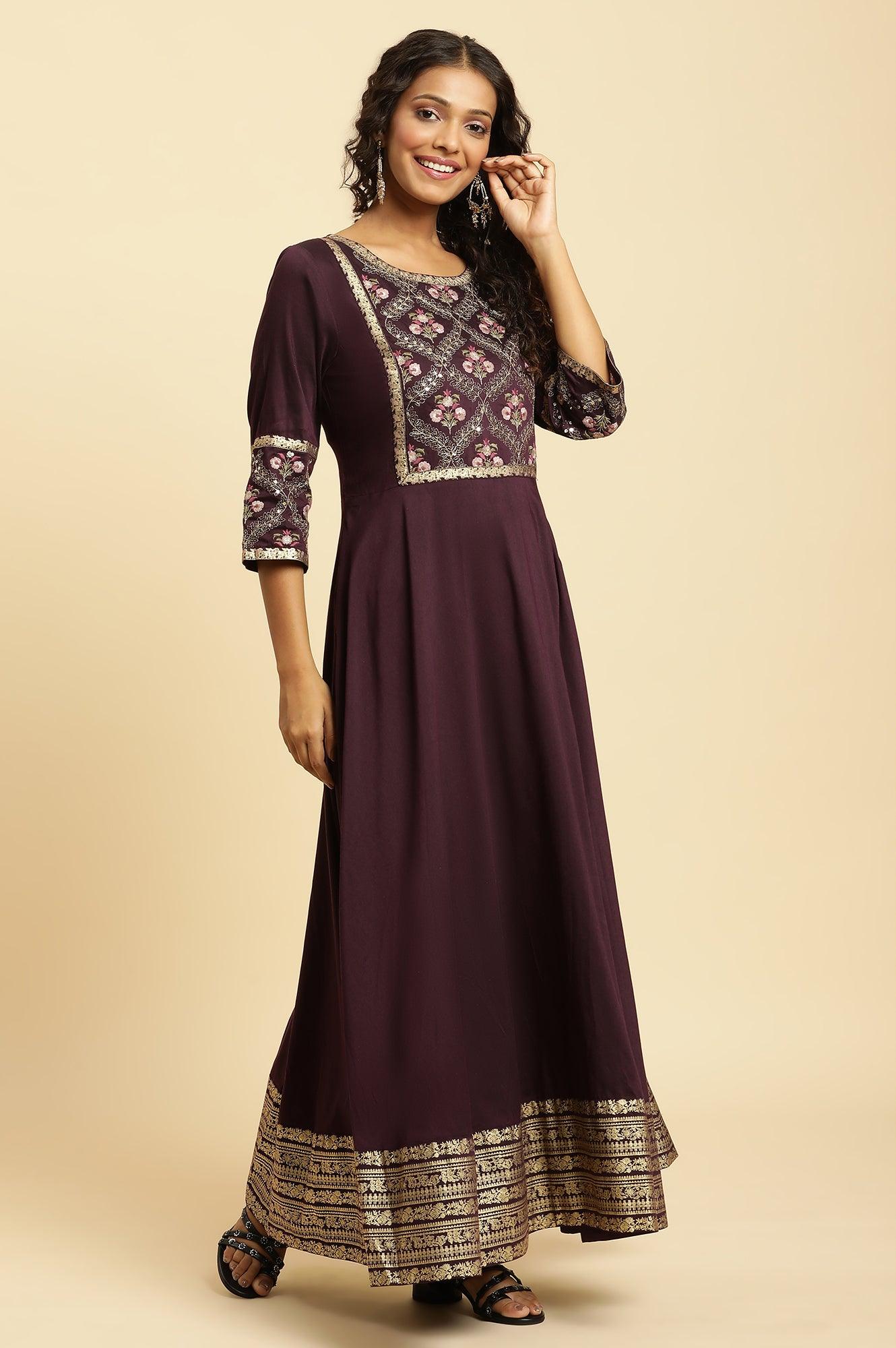 Purple Embroidered Festive Panelled Dress - Image 6