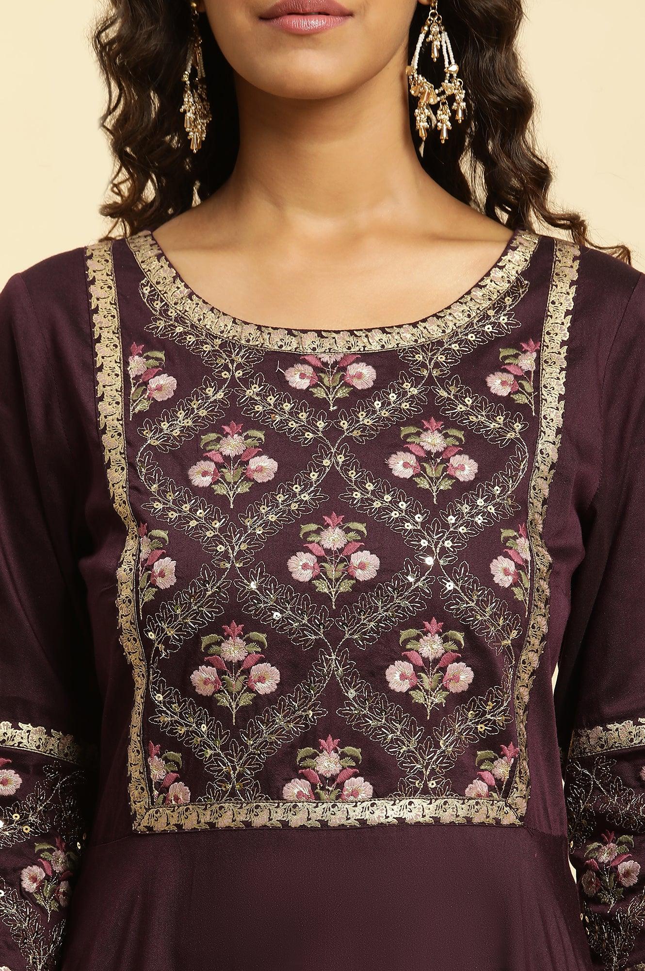 Purple Embroidered Festive Panelled Dress - Image 7