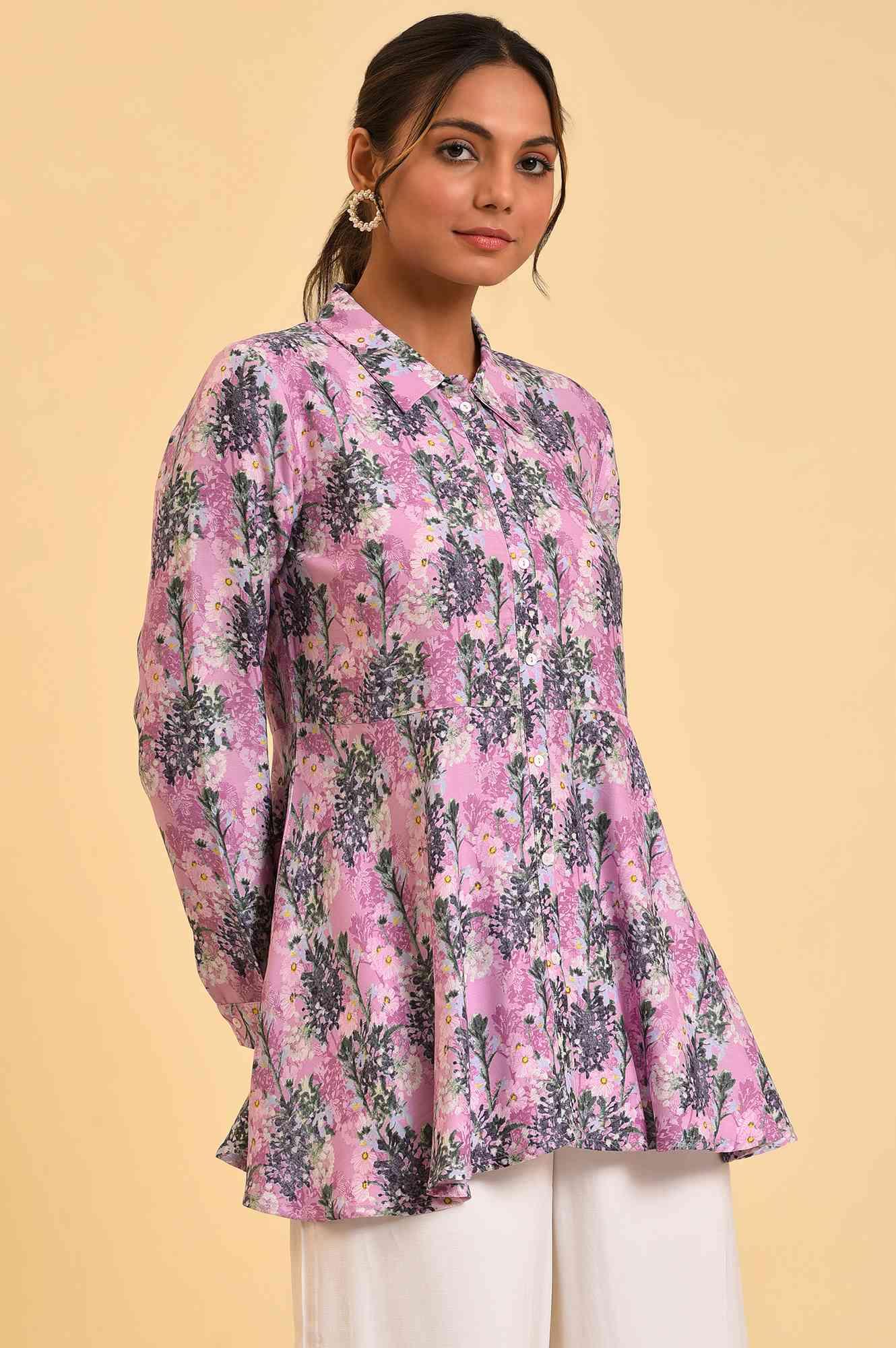 Purple Floral Printed Flared Top - Image 4