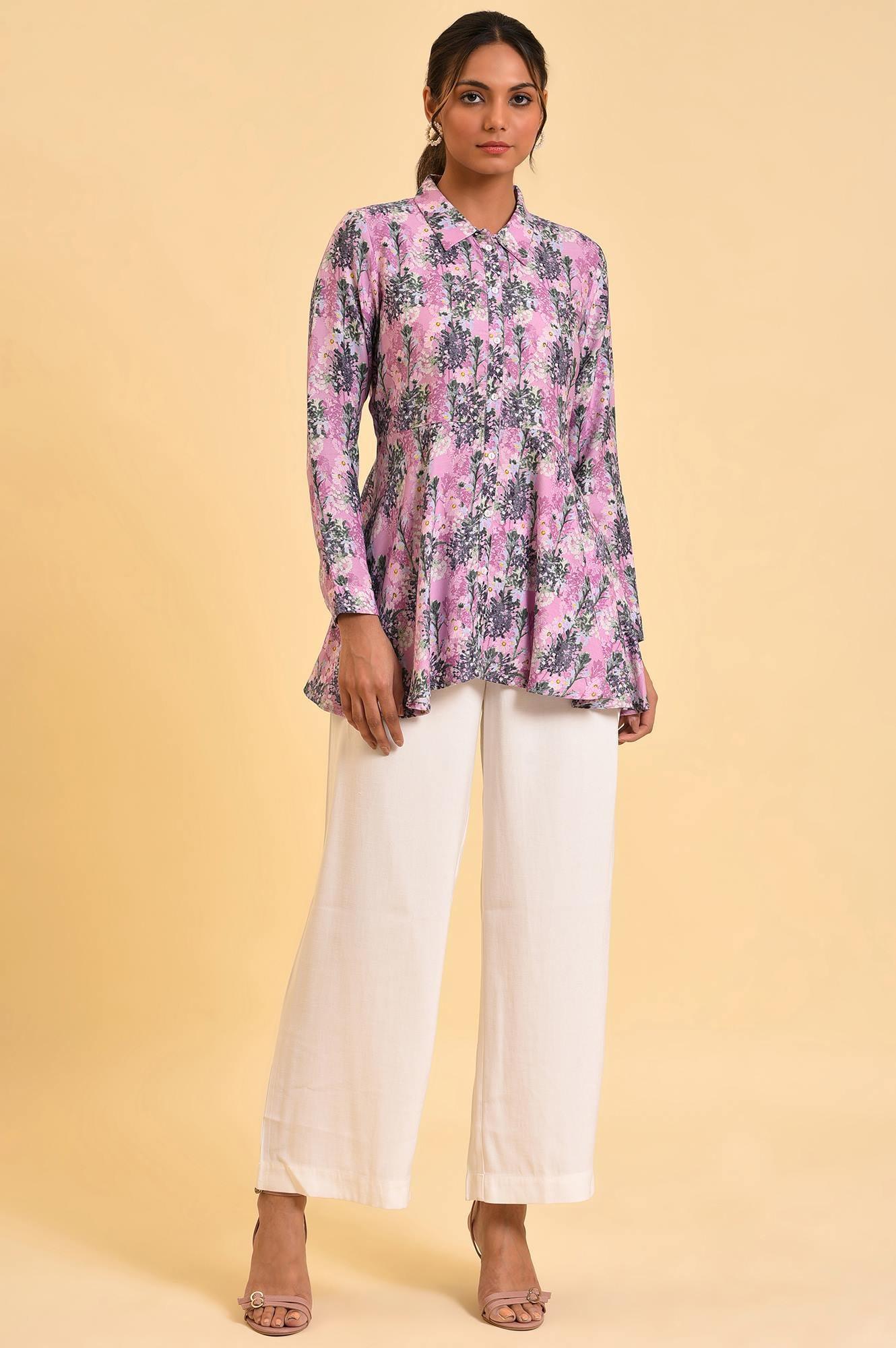 Purple Floral Printed Flared Top - Image 5