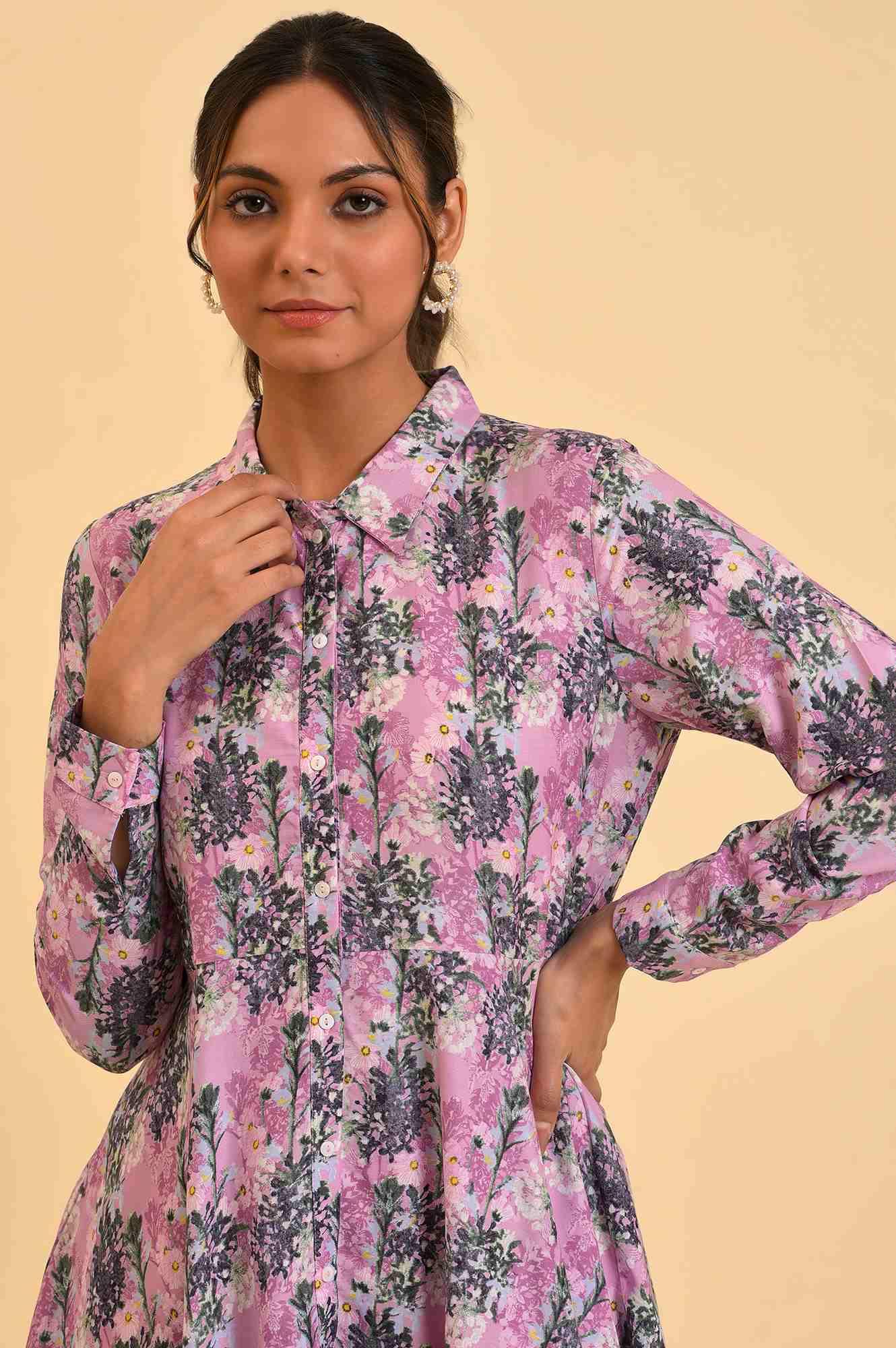 Purple Floral Printed Flared Top - Image 6