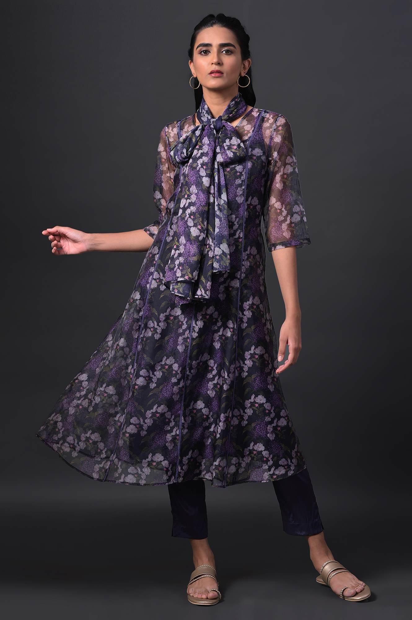 Purple Floral Printed kurta With Solid Slip, Slim Pants And Dupatta - Image 11