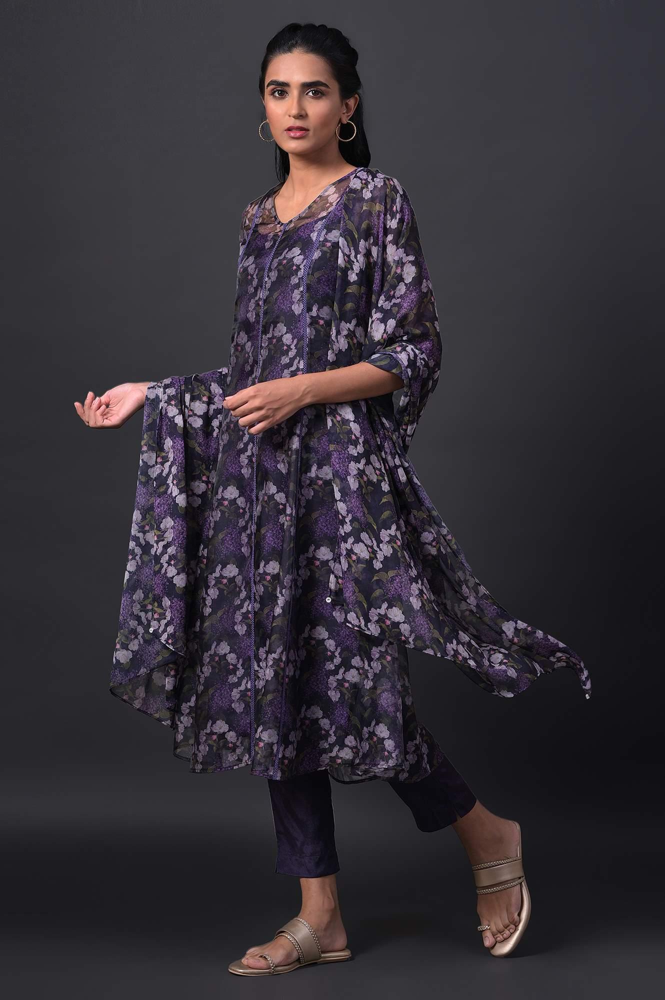 Purple Floral Printed kurta With Solid Slip, Slim Pants And Dupatta - Image 3
