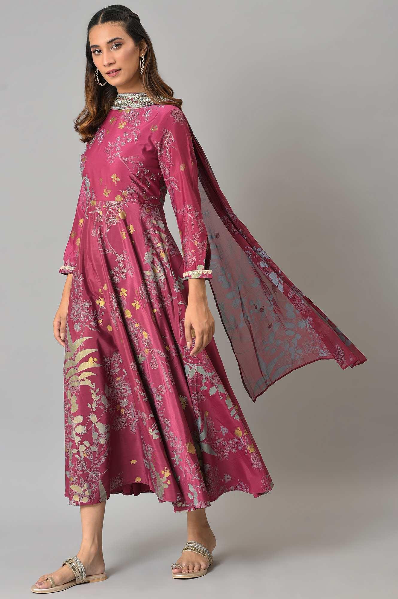 Purple French Crepe Long Dress With Dupatta - Image 3