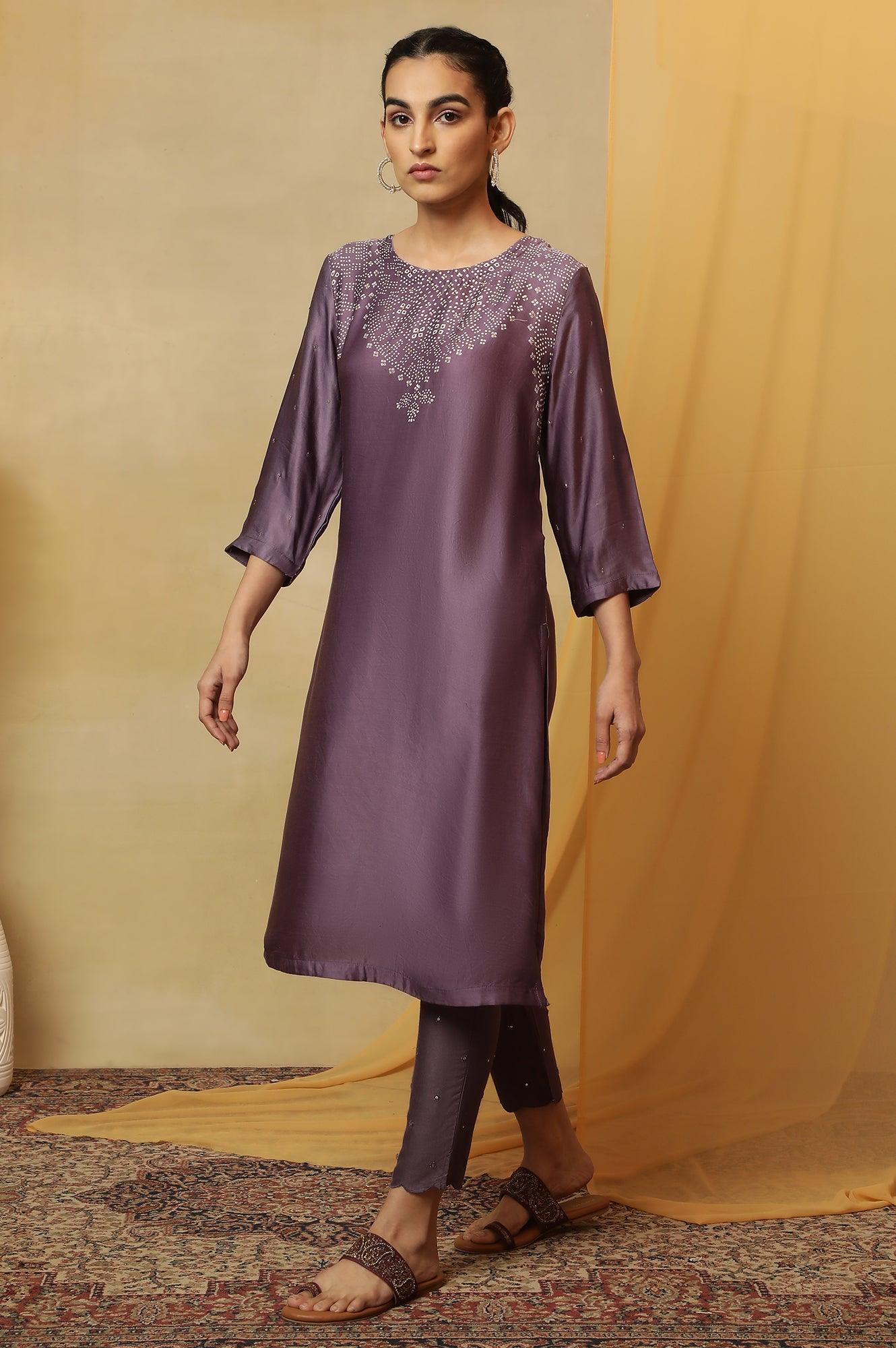 Purple Hand Block Placement Print Kurta - Image 3