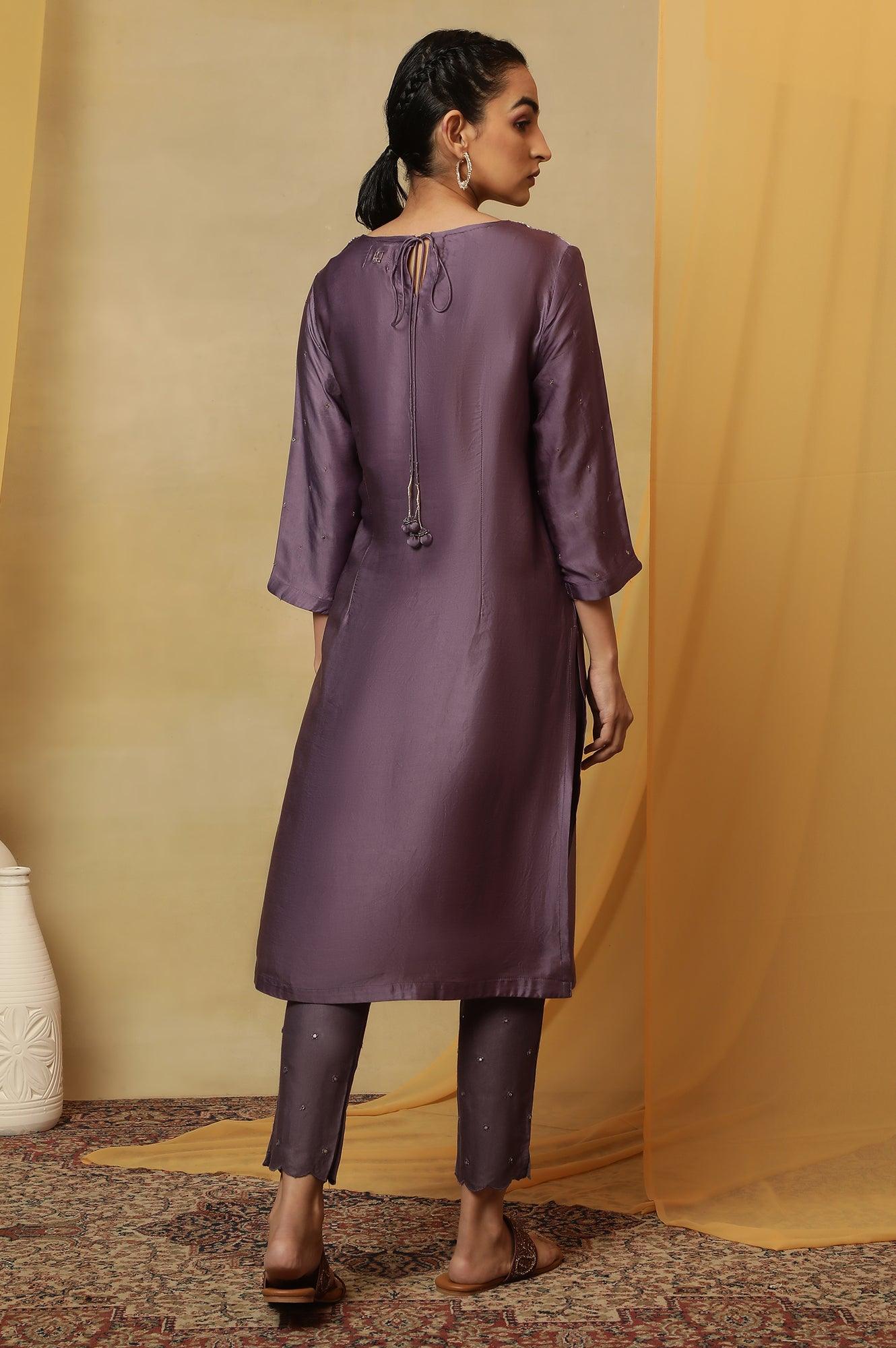 Purple Hand Block Placement Print Kurta - Image 4