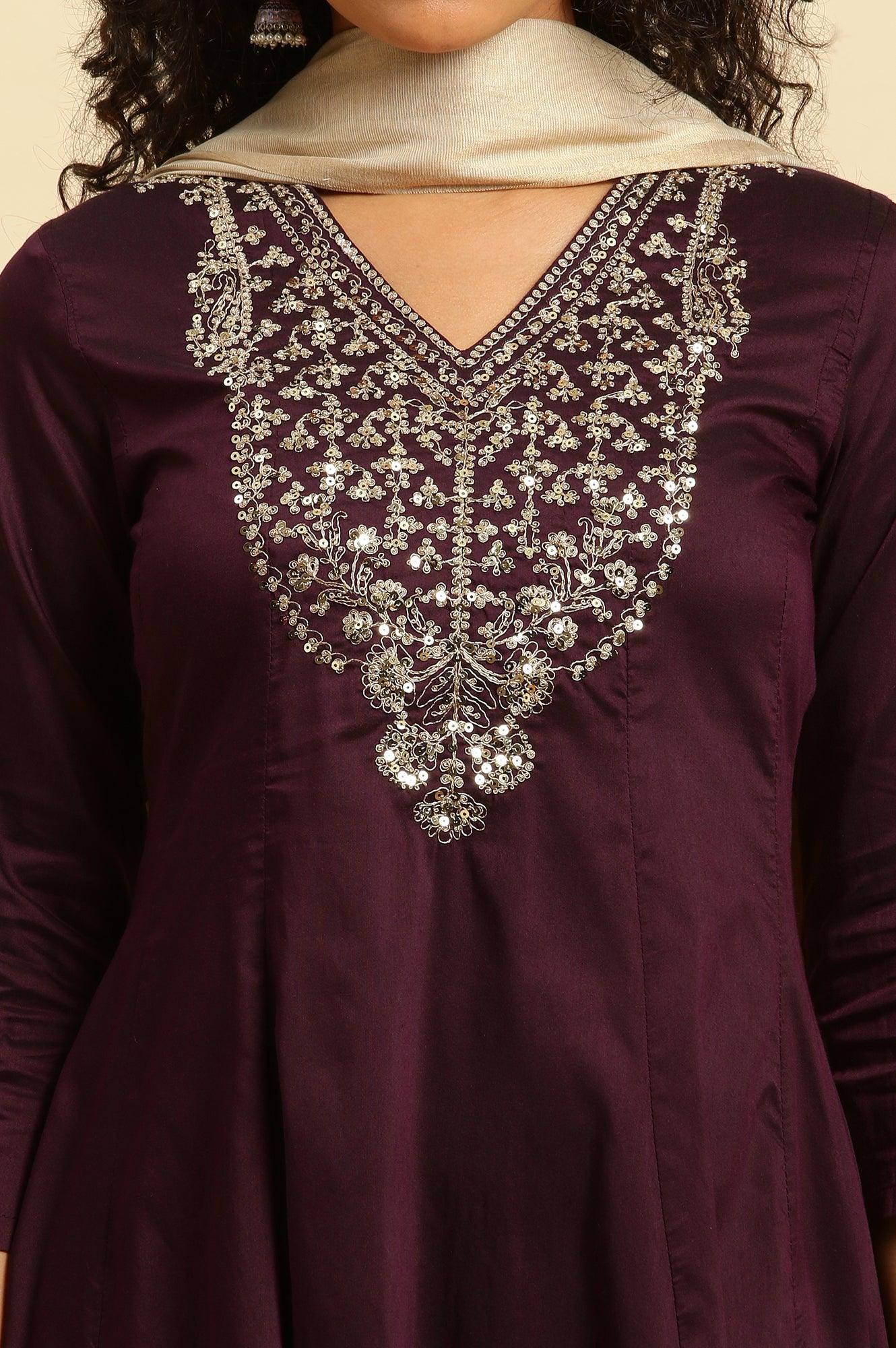 Purple Panelled Embroidered Kurta, Slim Pants And Dupatta Set - Image 7