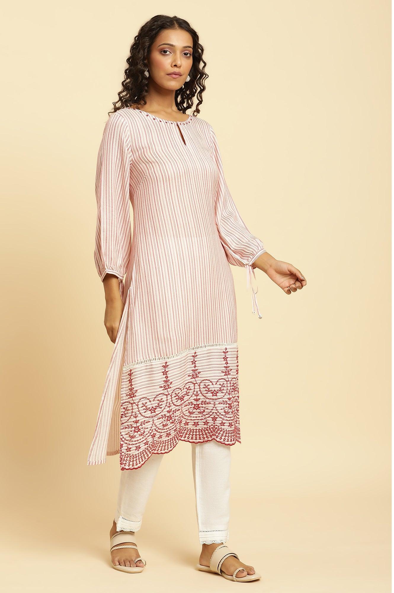 Red and White Striped Schiffli Embroidered Straight Kurta - Image 5