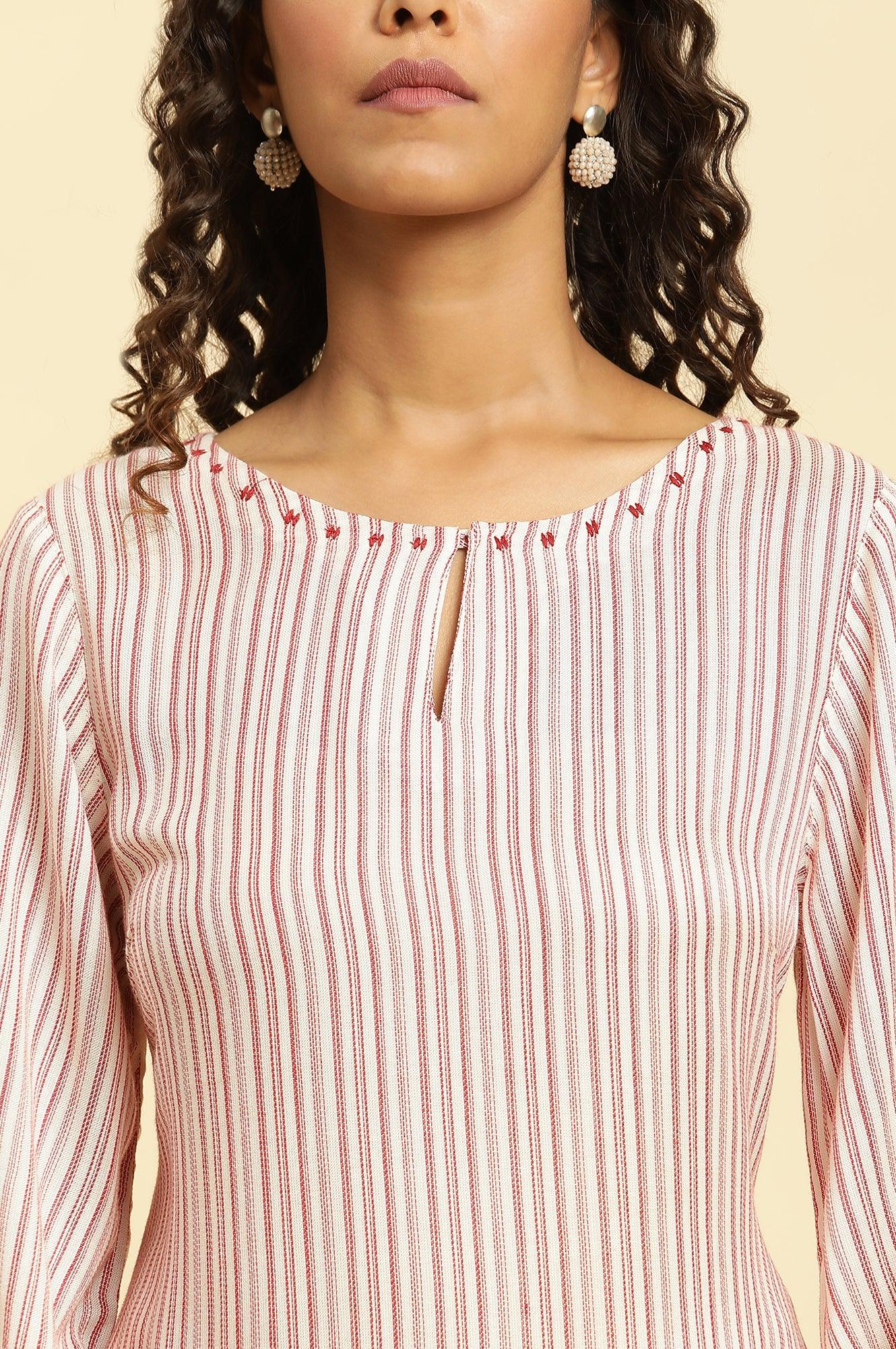 Red and White Striped Schiffli Embroidered Straight Kurta - Image 6