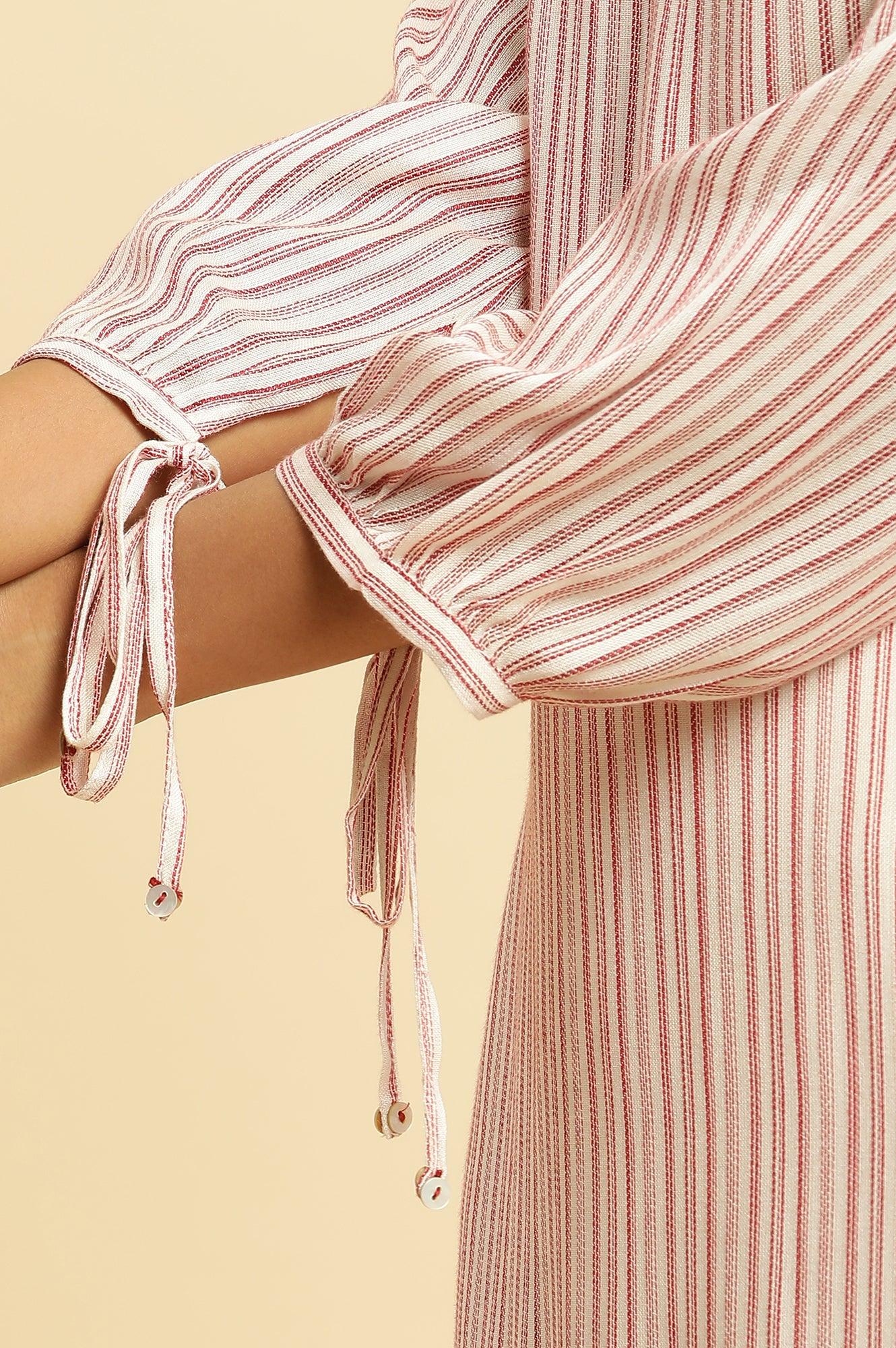 Red and White Striped Schiffli Embroidered Straight Kurta - Image 7