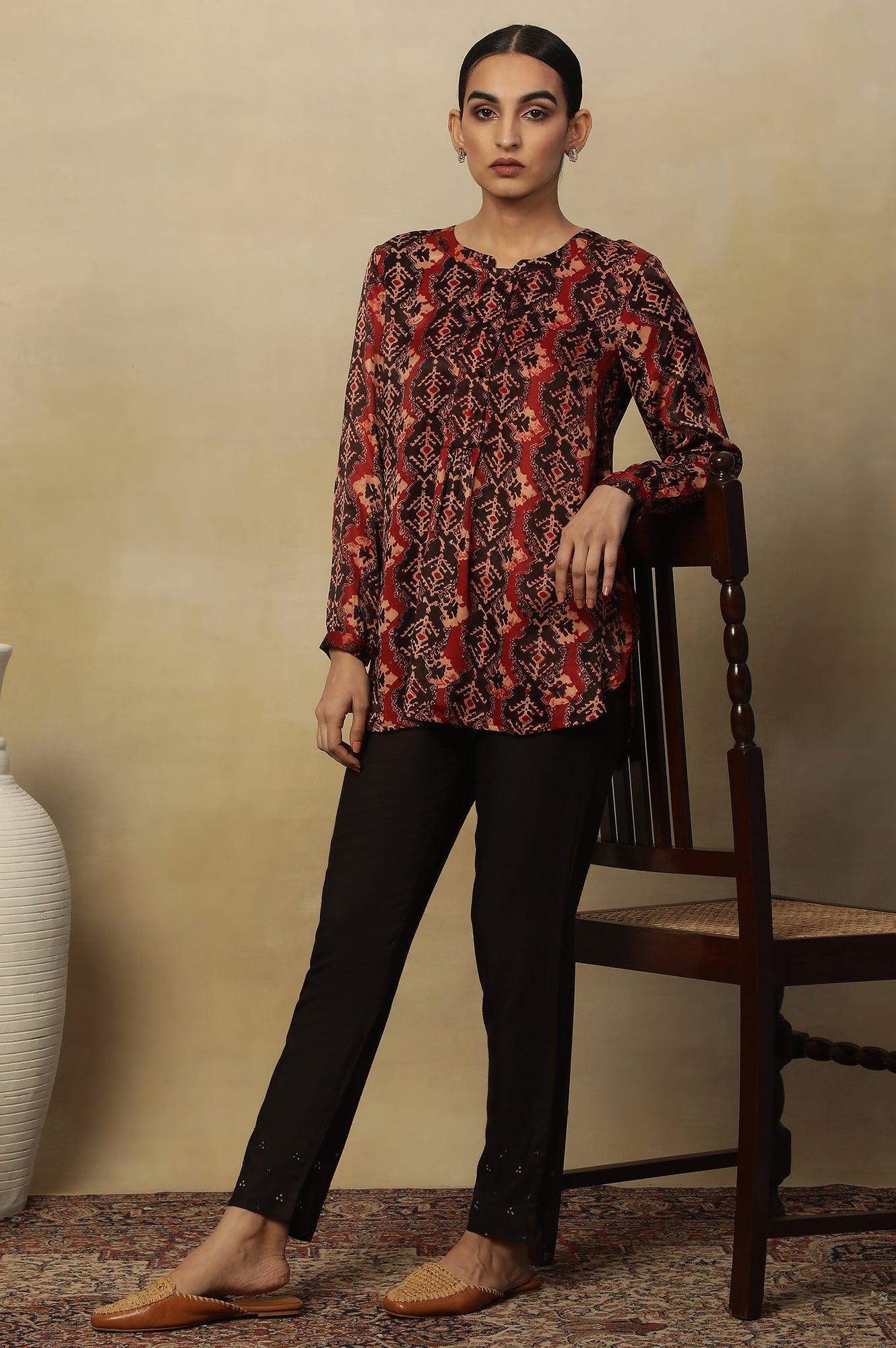 Red & Black Ajrakh Print Top In Modal Satin - Image 5