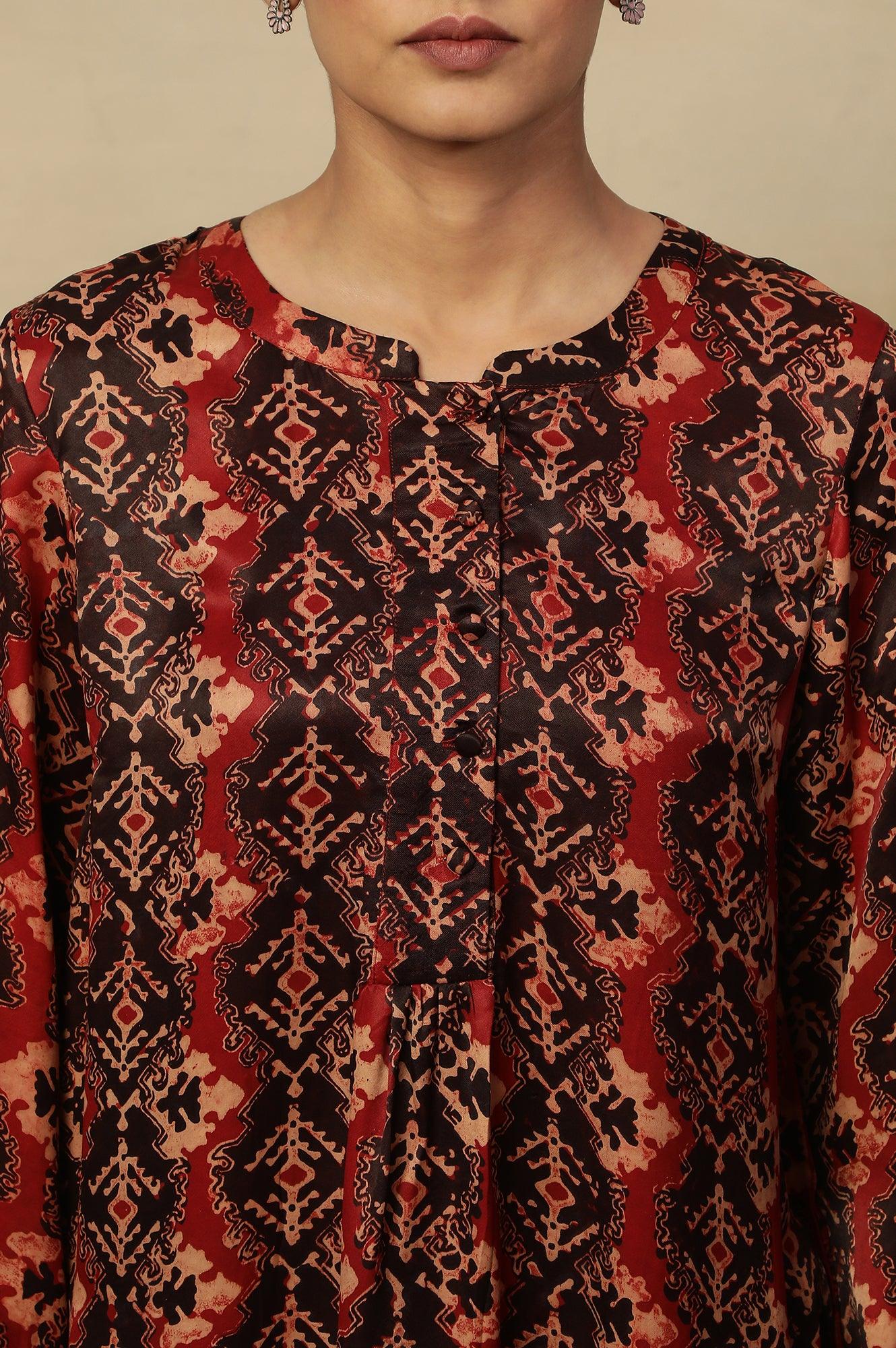 Red & Black Ajrakh Print Top In Modal Satin - Image 6