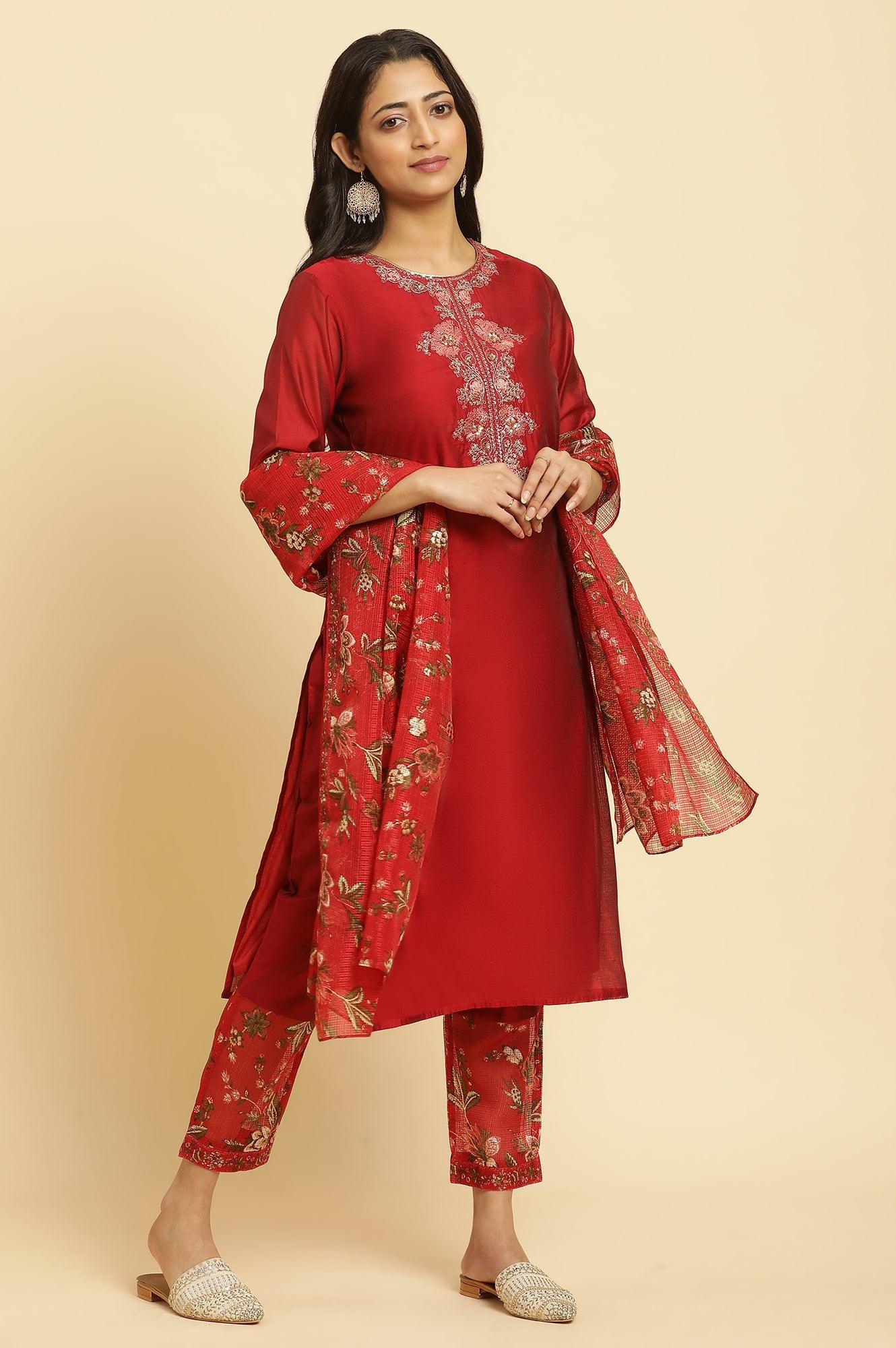 Red Dori Embroidered Chanderi Straight Kurta, Pants and Dupatta Festive Set - Image 3