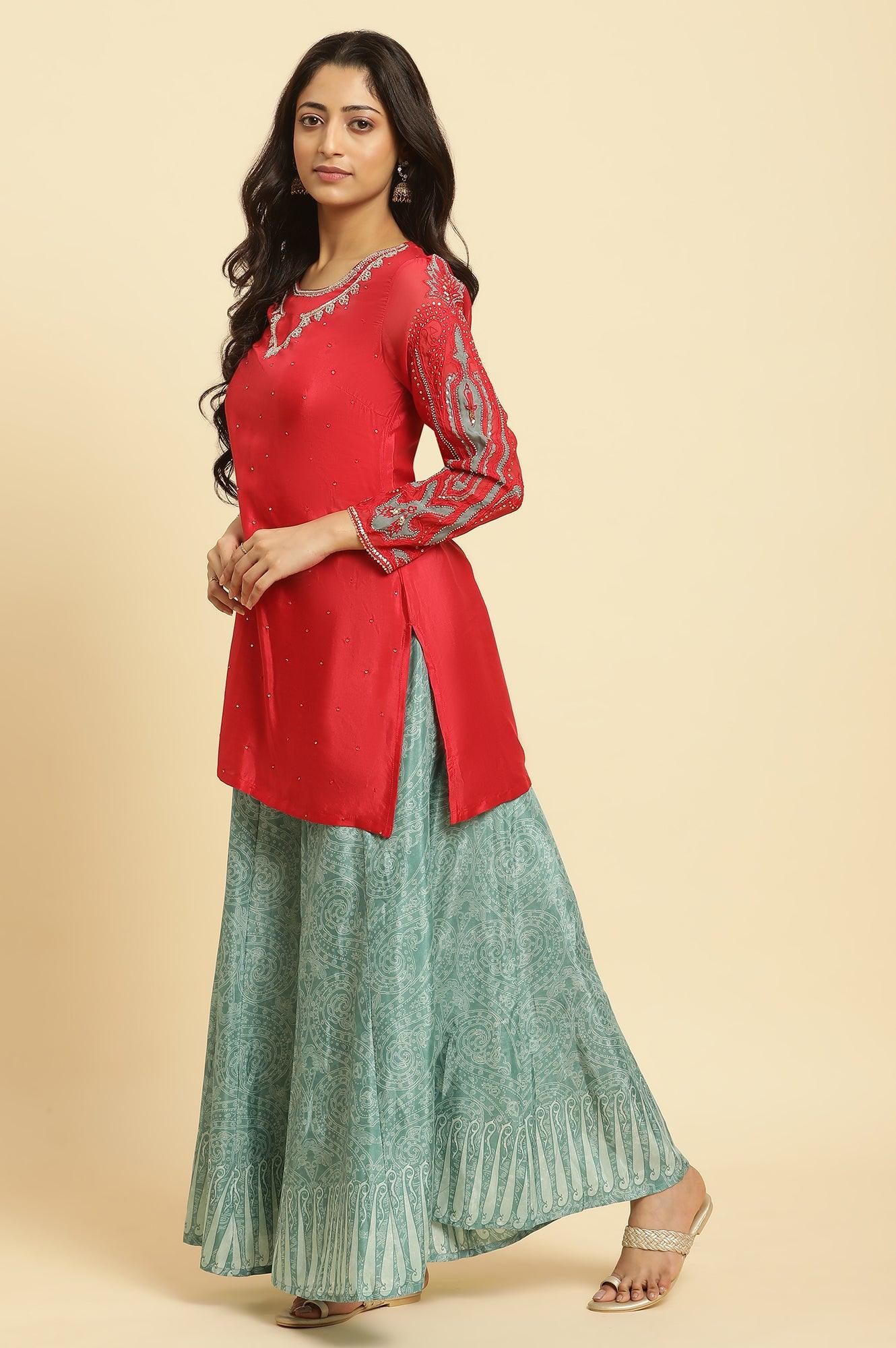 Red Embellished Short Kurta, Sharara And Dupatta Festive Set - Image 3