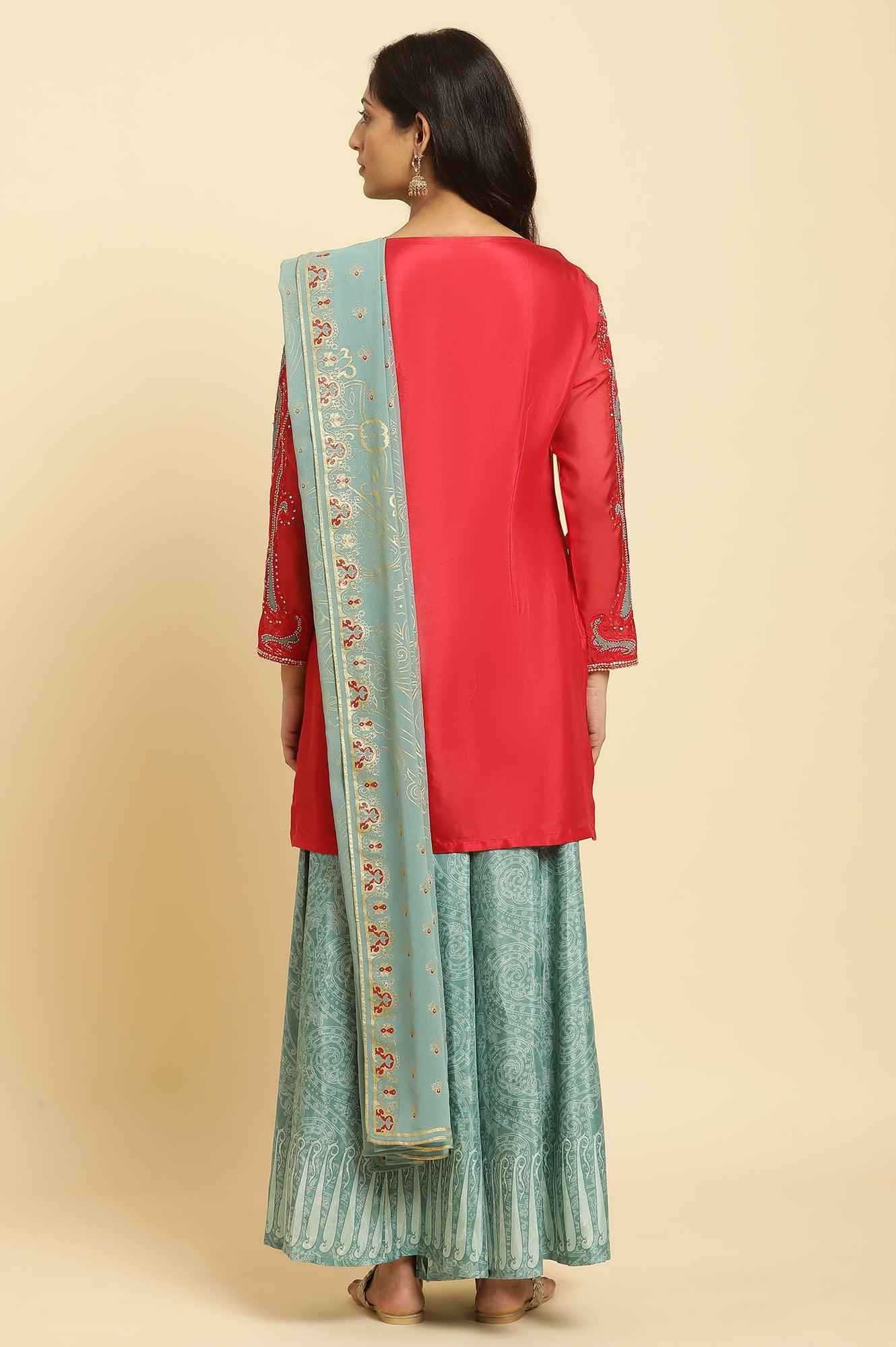 Red Embellished Short Kurta, Sharara And Dupatta Festive Set - Image 4