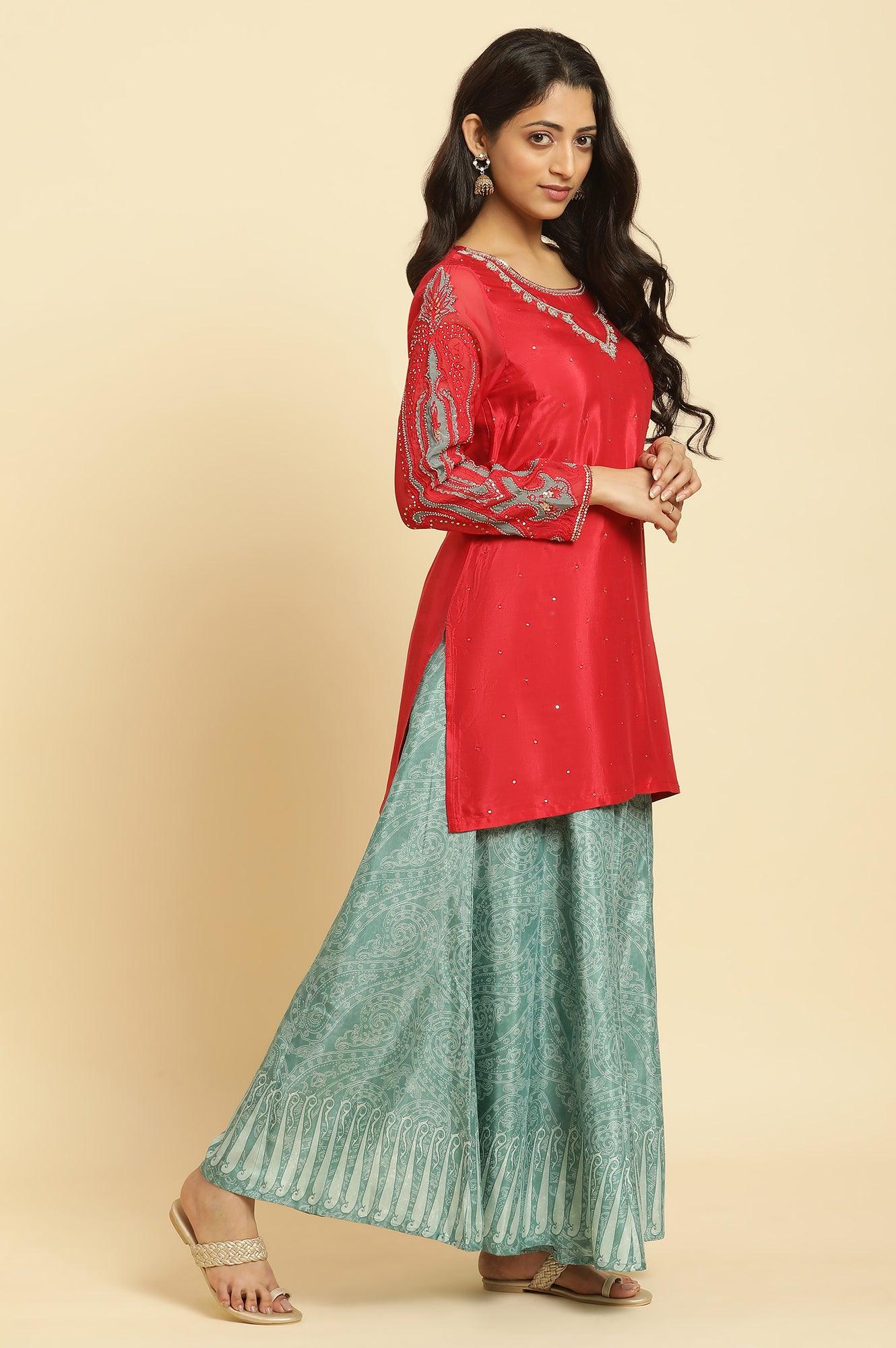 Red Embellished Short Kurta, Sharara And Dupatta Festive Set - Image 5