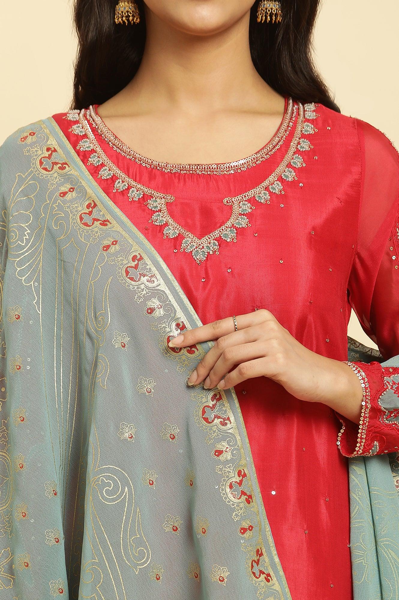 Red Embellished Short Kurta, Sharara And Dupatta Festive Set - Image 6