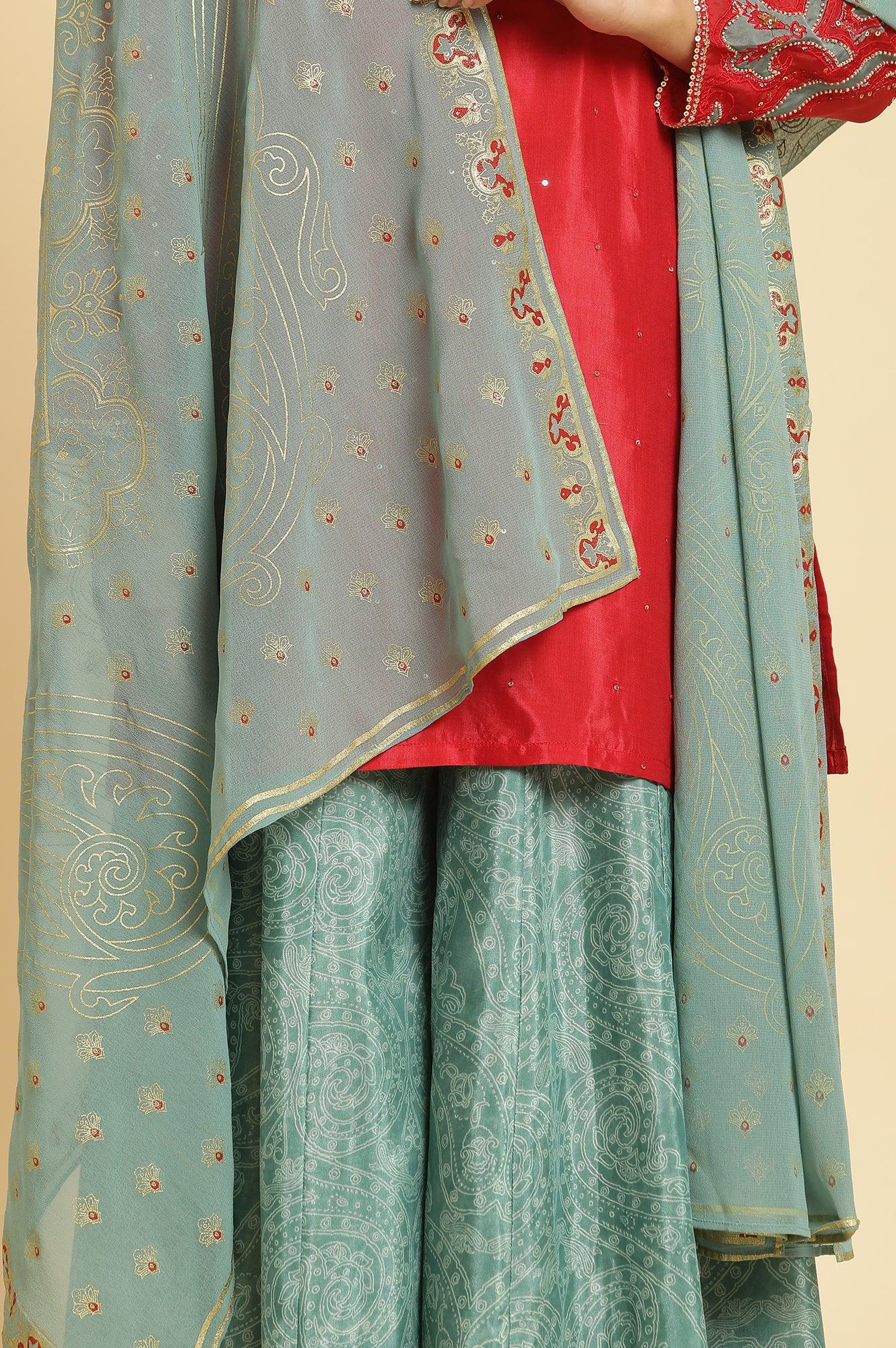 Red Embellished Short Kurta, Sharara And Dupatta Festive Set - Image 7
