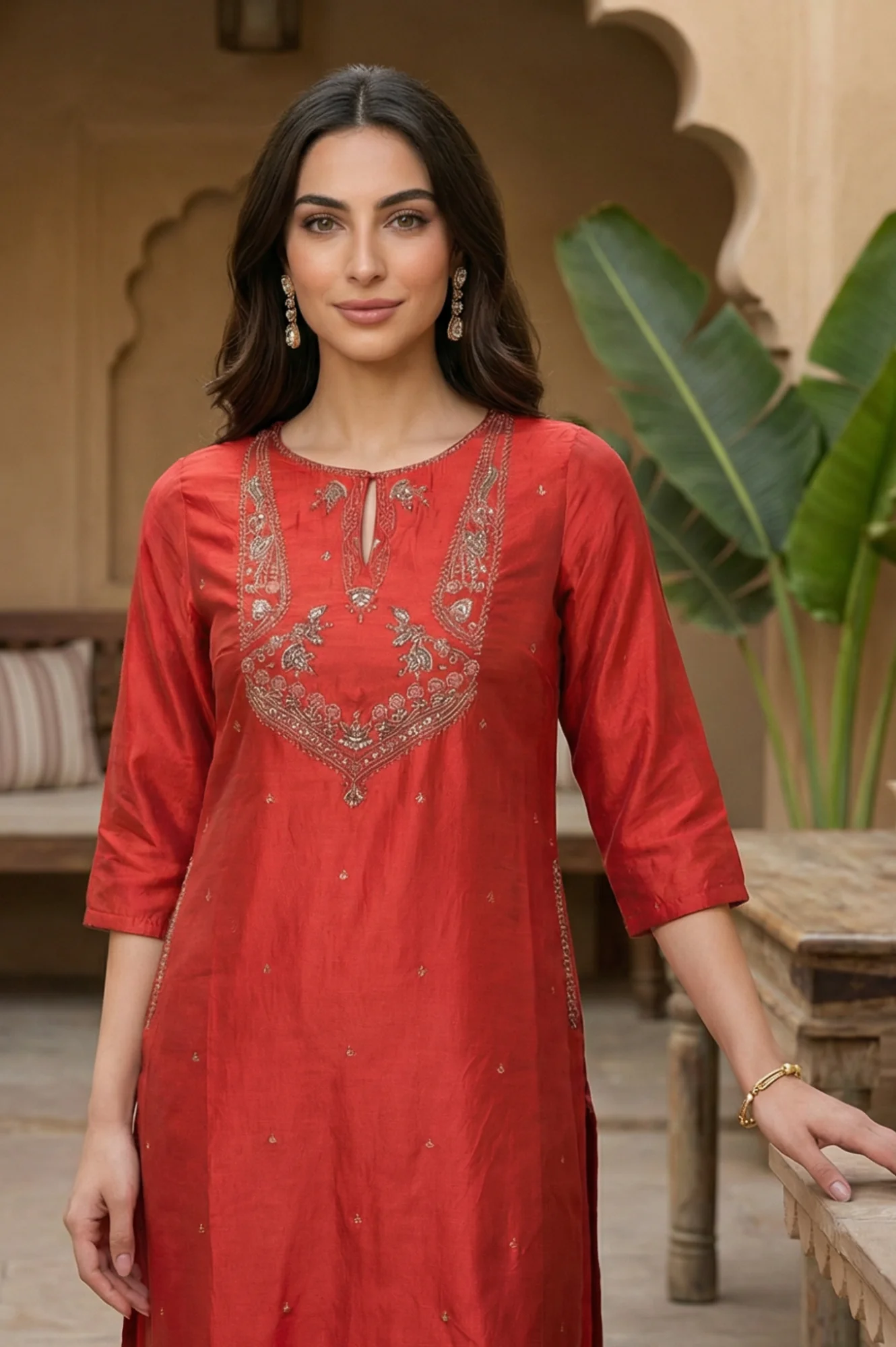 Red Embroidered Shantung kurta - Image 3