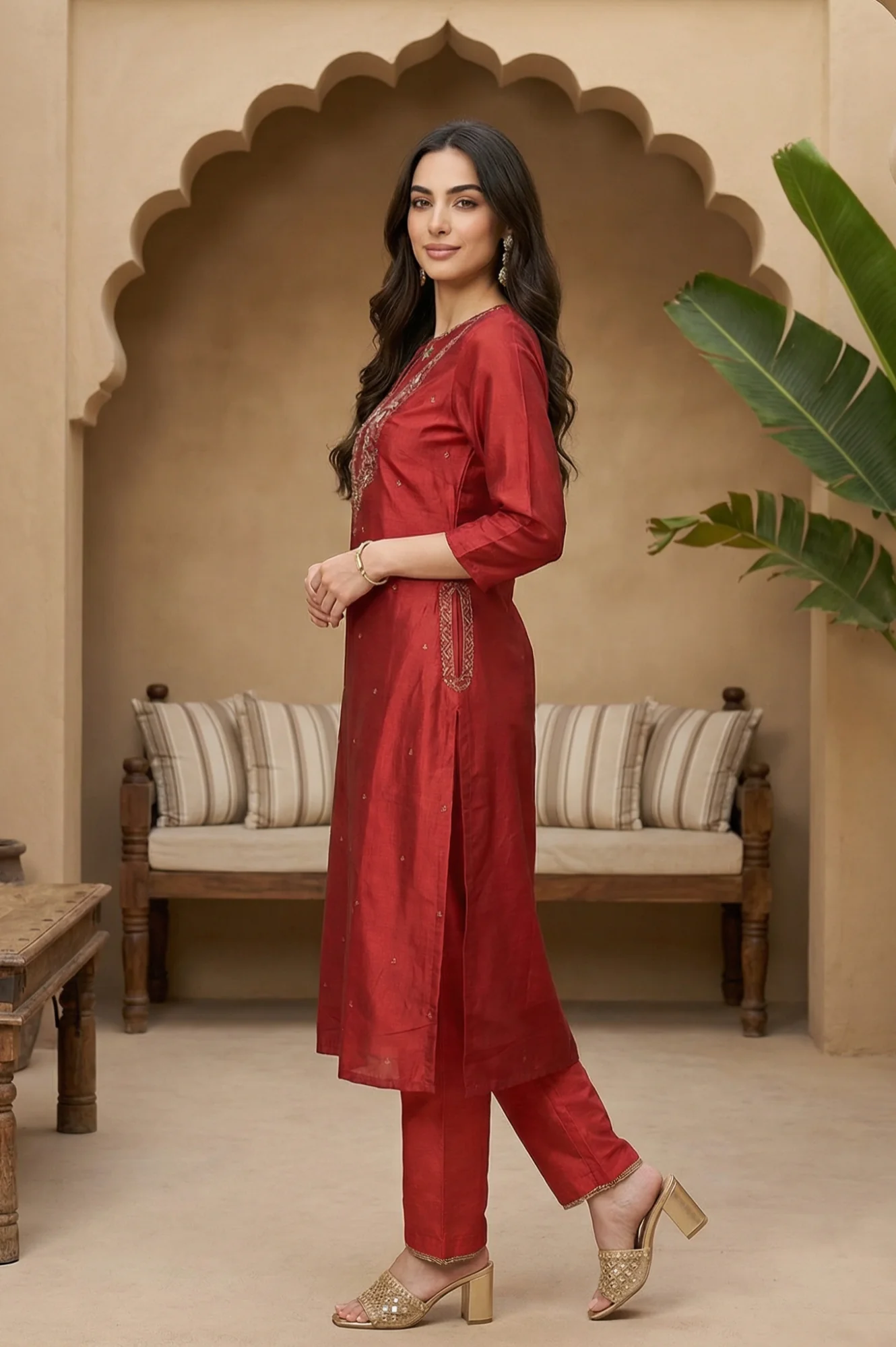 Red Embroidered Shantung kurta - Image 4