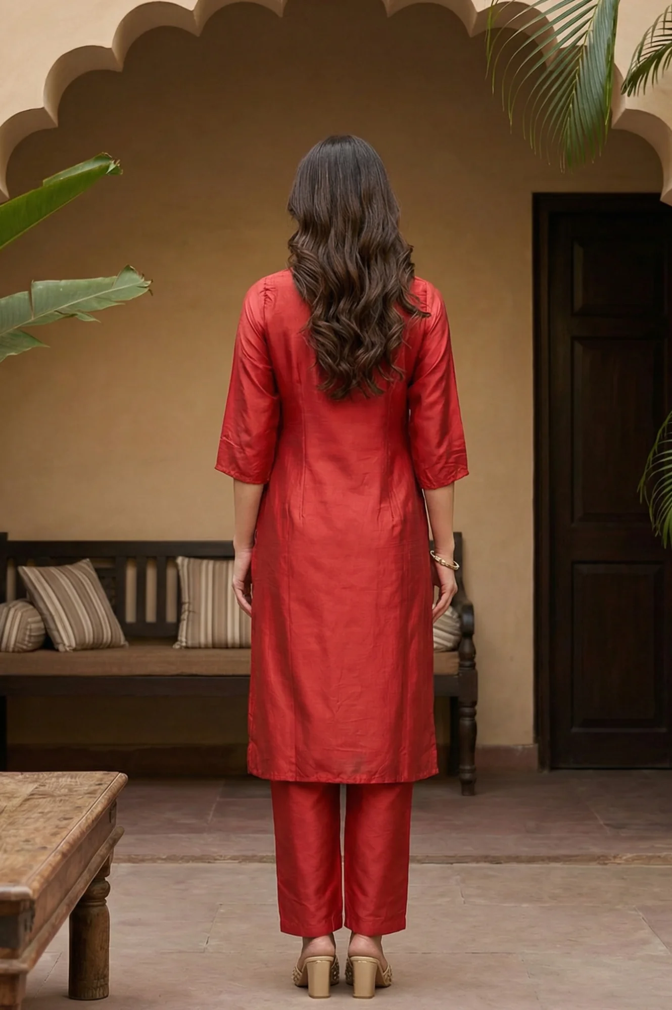 Red Embroidered Shantung kurta - Image 5