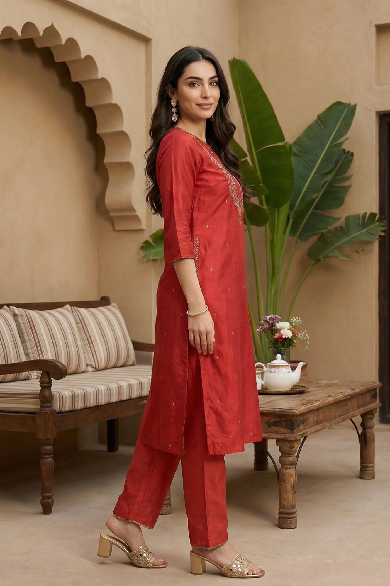 Red Embroidered Shantung kurta - Image 6