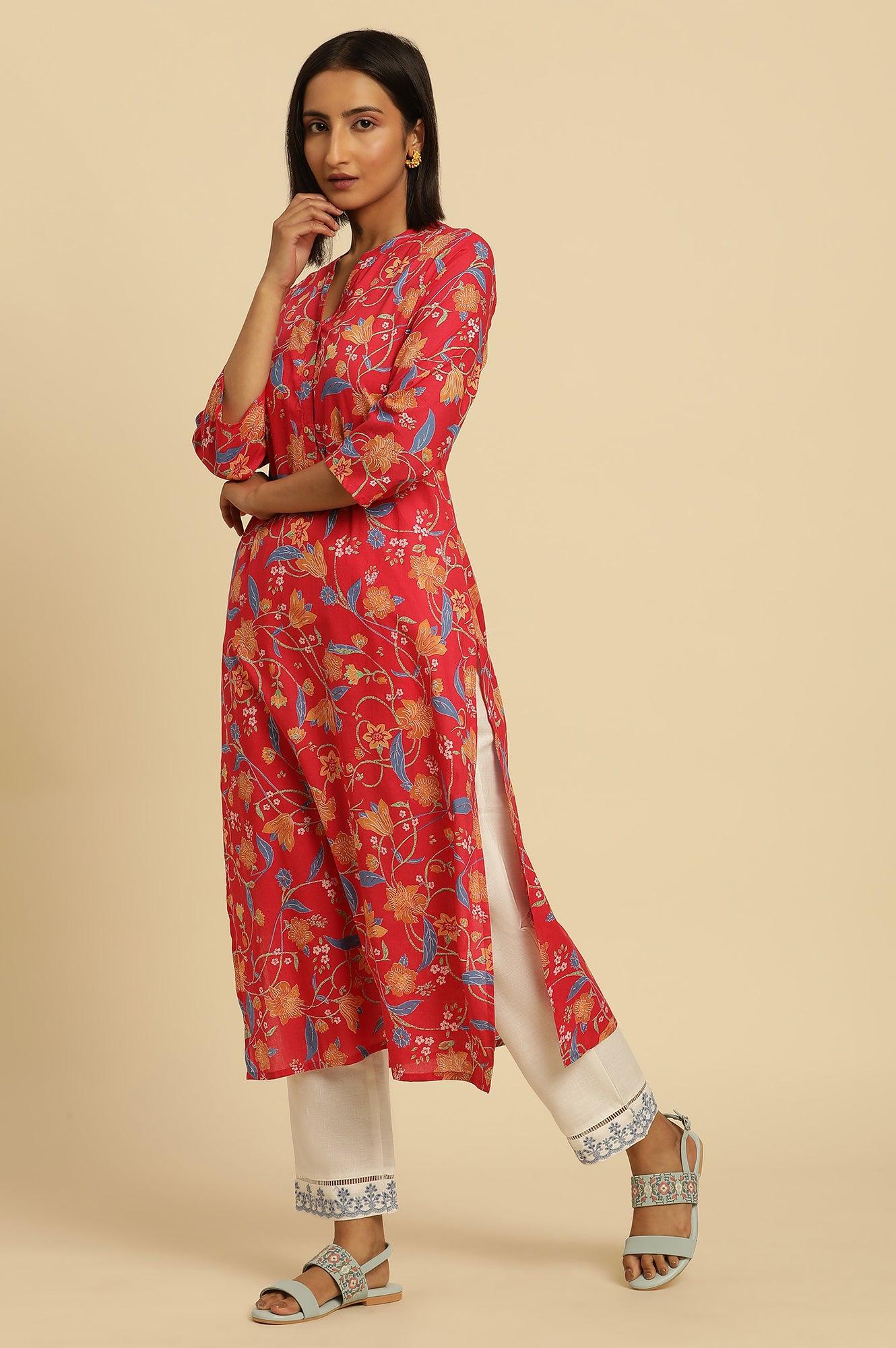 Red Floral Printed Straight Kurta - Image 3