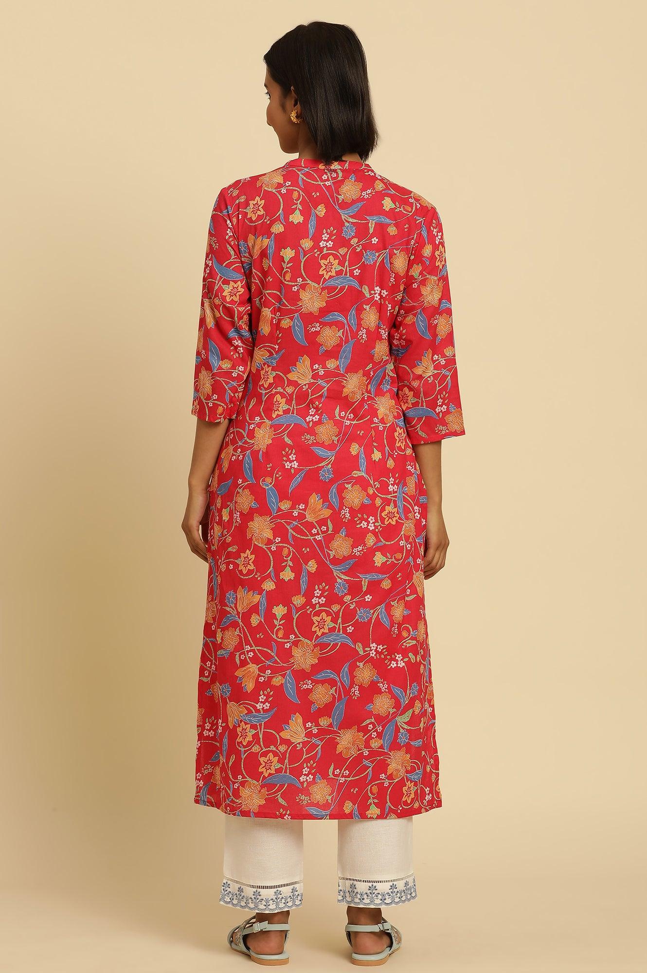 Red Floral Printed Straight Kurta - Image 4