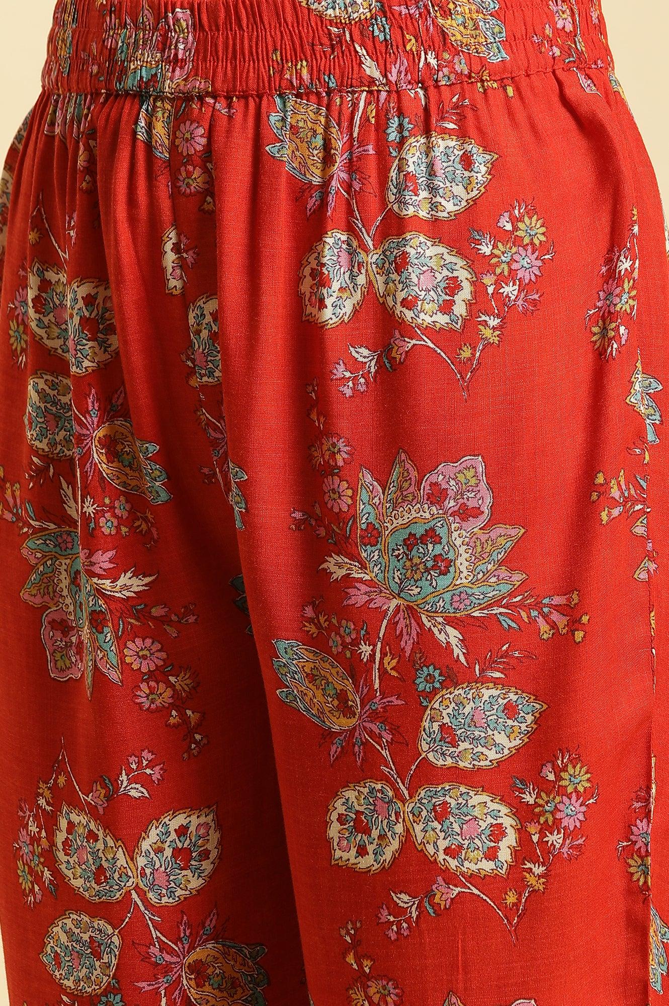 Red Floral Printed Straight Kurta And Straight Pants Co-Ord Set - Image 10