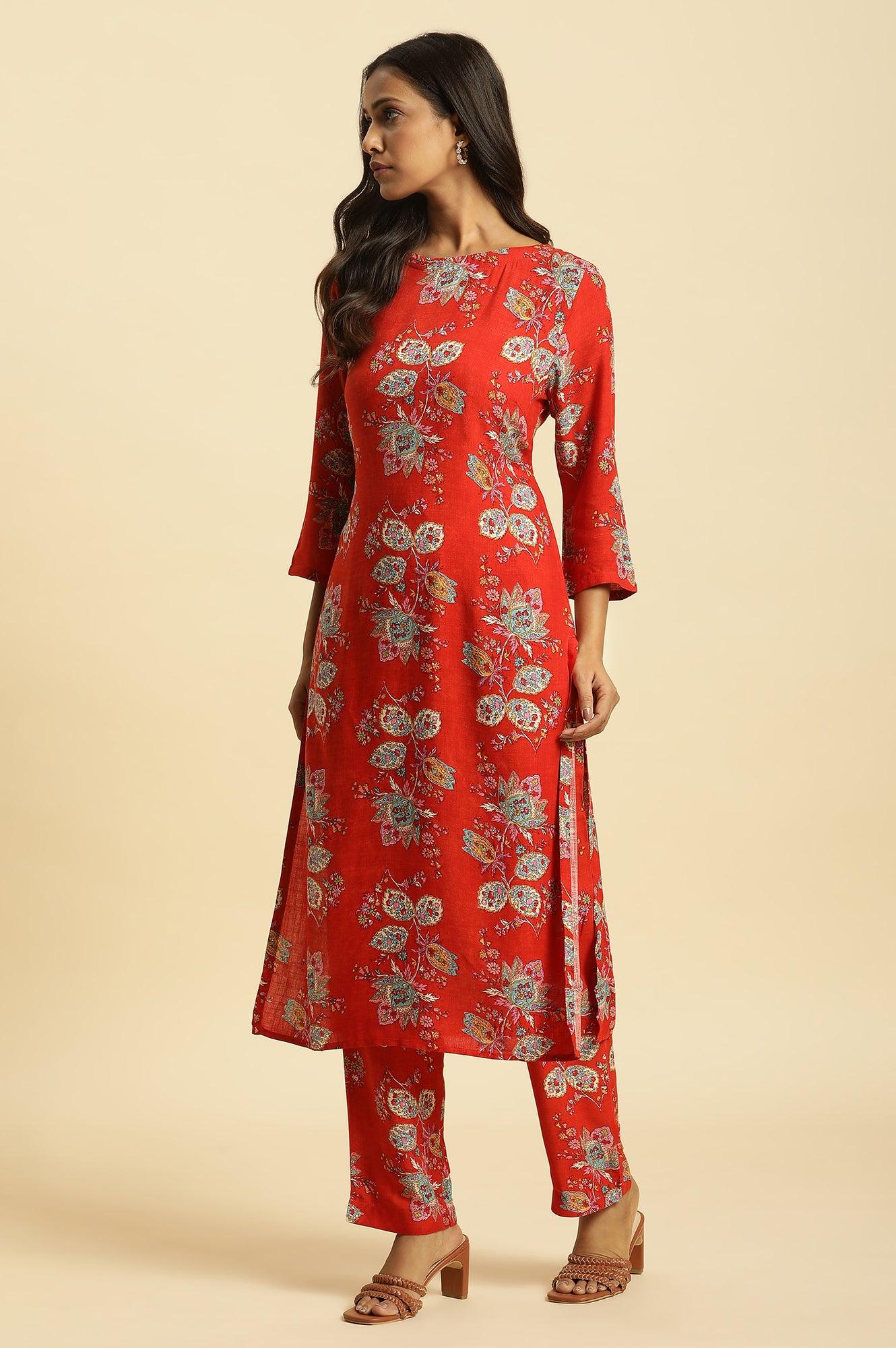 Red Floral Printed Straight Kurta And Straight Pants Co-Ord Set - Image 3