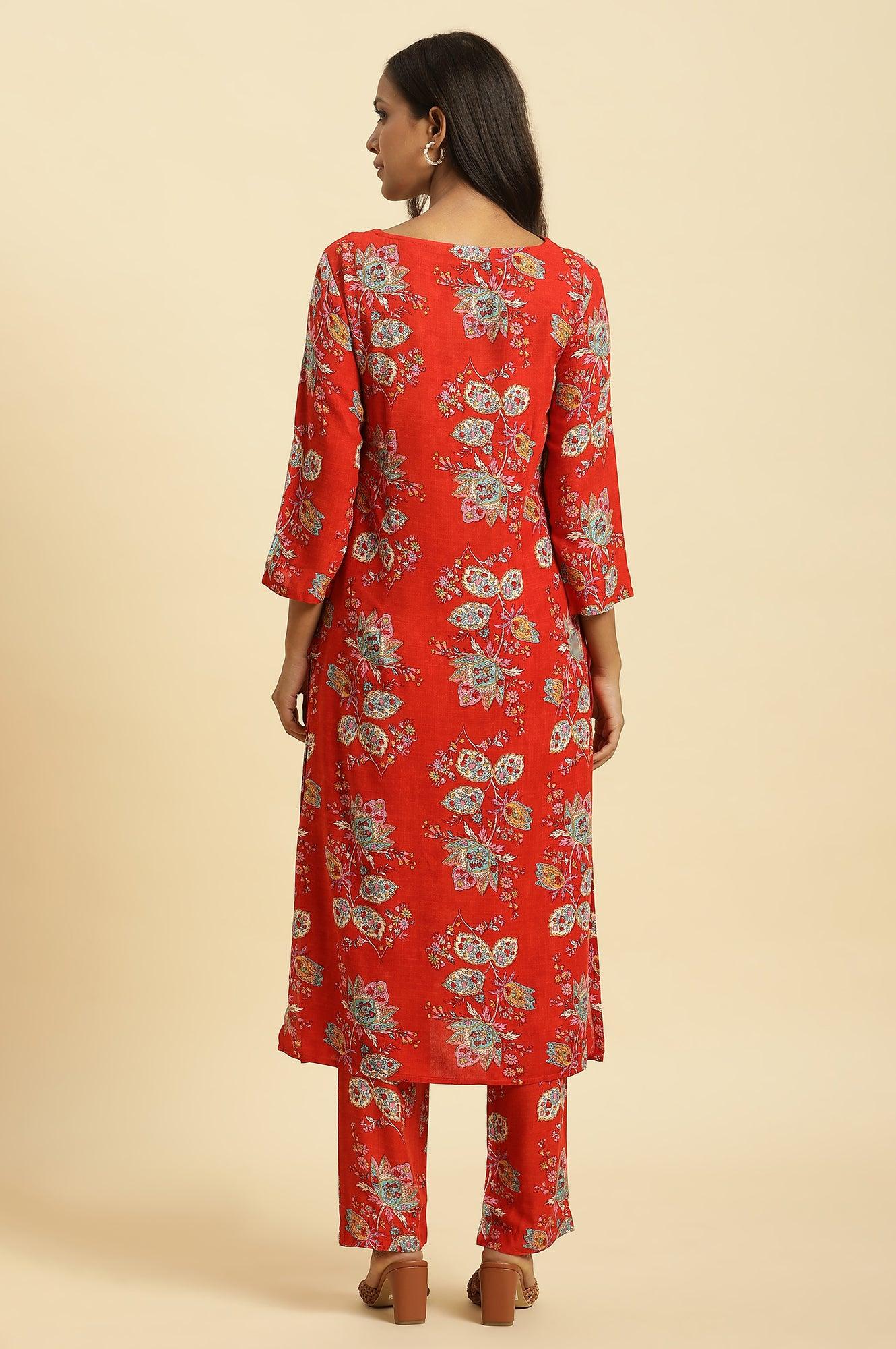 Red Floral Printed Straight Kurta And Straight Pants Co-Ord Set - Image 4