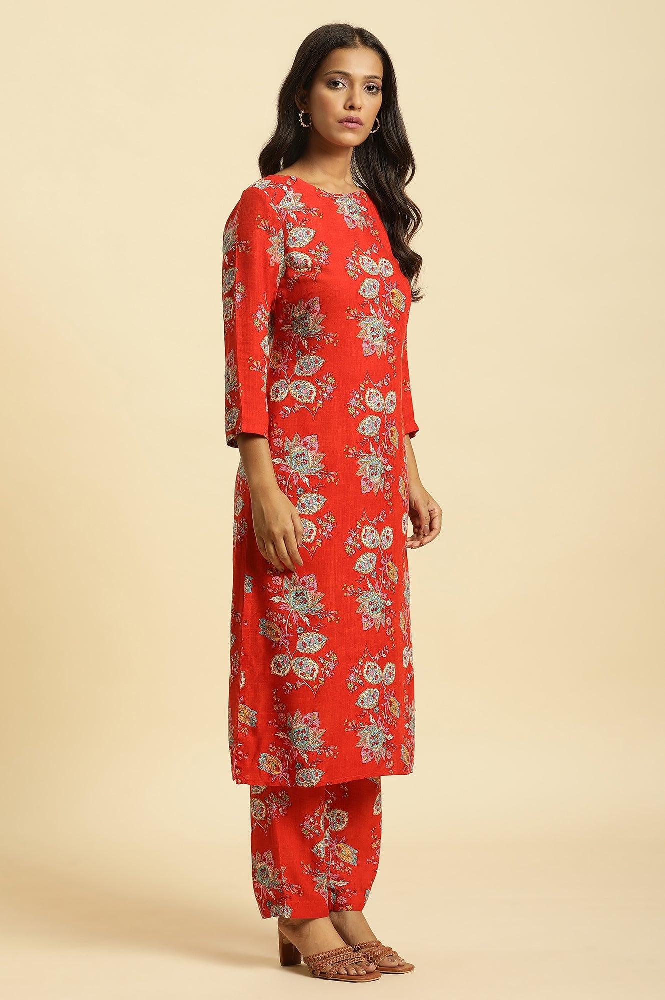 Red Floral Printed Straight Kurta And Straight Pants Co-Ord Set - Image 5